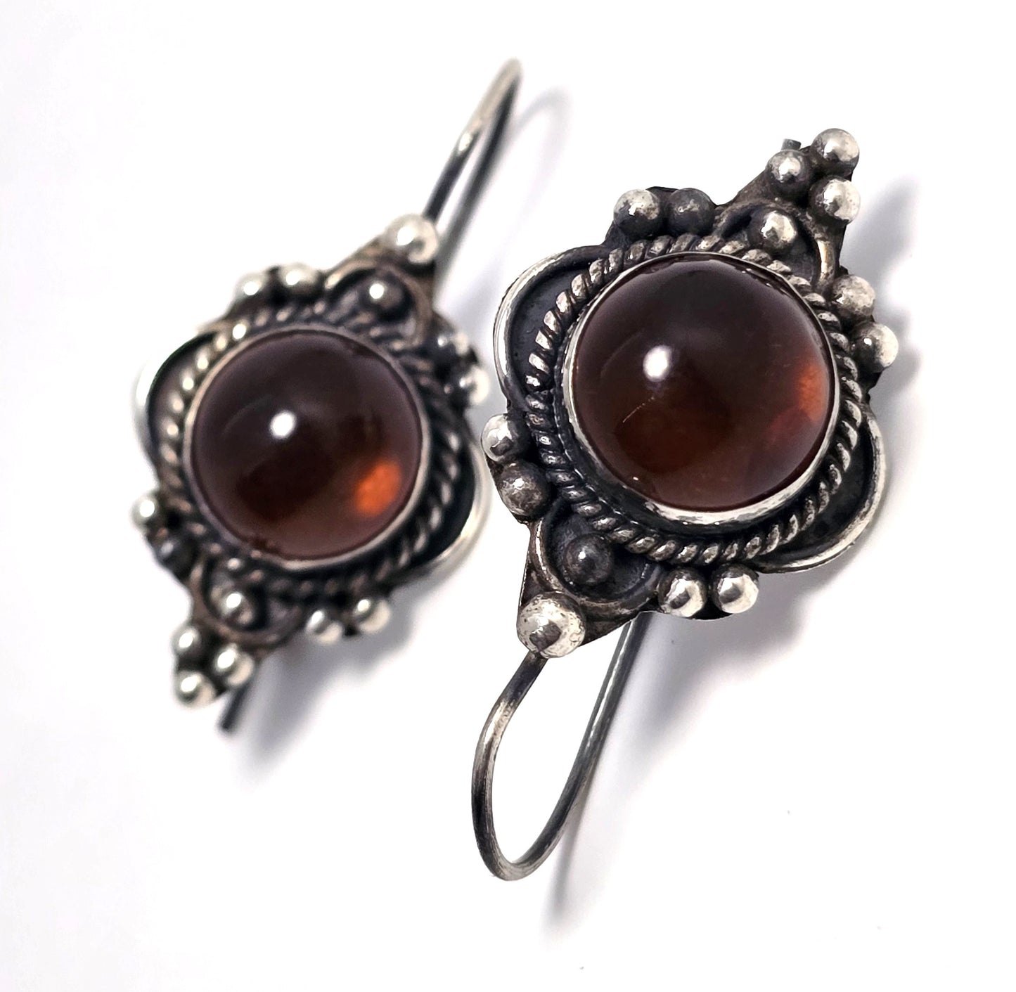 Amber sterling silver Bali Balinese tribal hook and latch vintage earrings