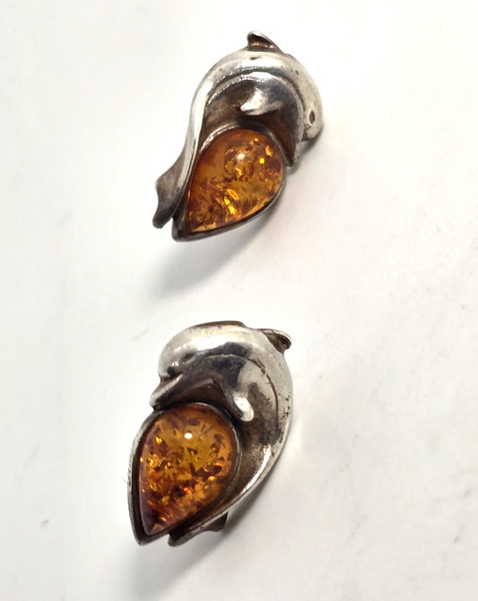 Amber Jumping Dolphin sterling silver stud post vintage earrings