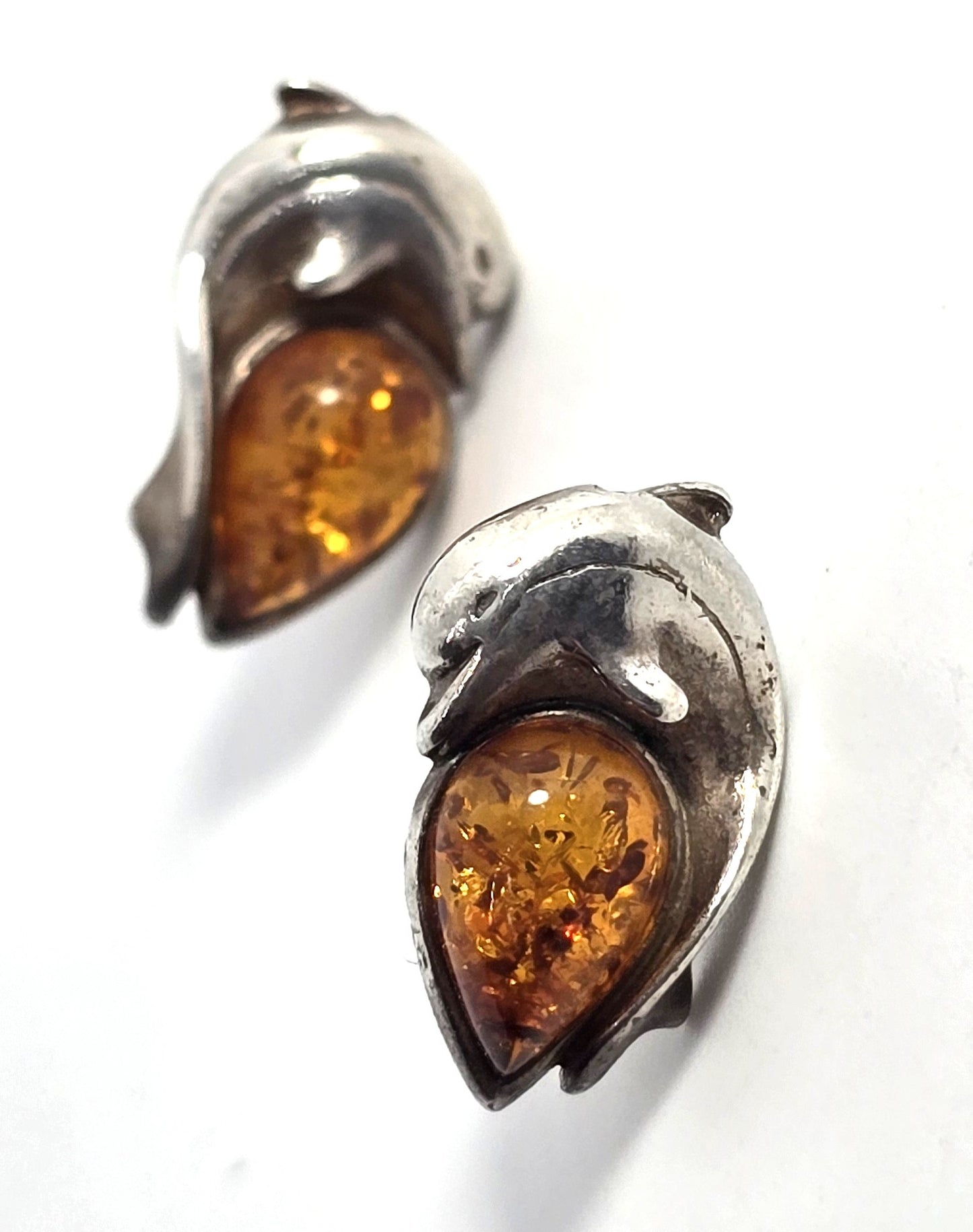 Amber Jumping Dolphin sterling silver stud post vintage earrings