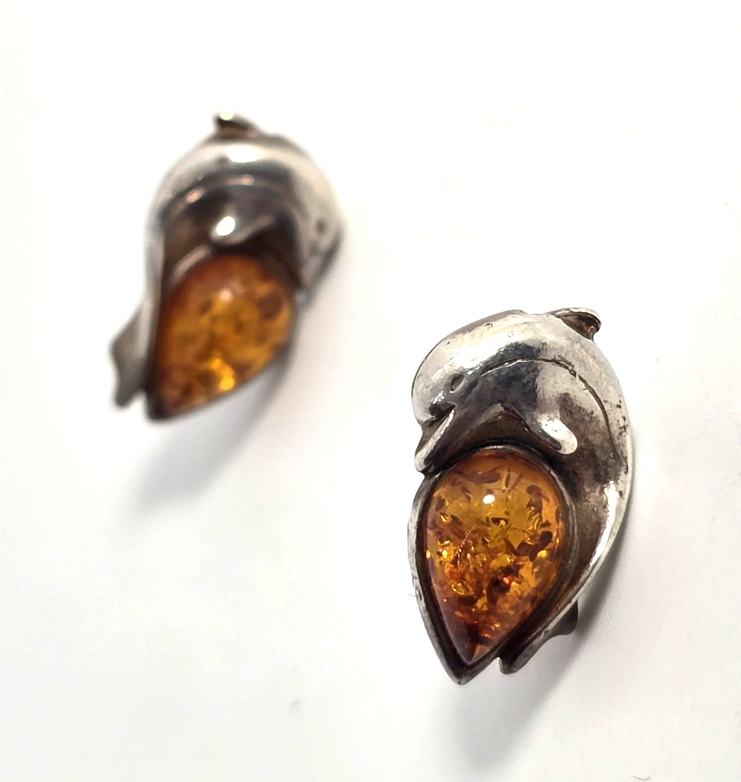 Amber Jumping Dolphin sterling silver stud post vintage earrings