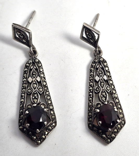 Garnet marcasite sterling silver Art Deco style vintage earrings