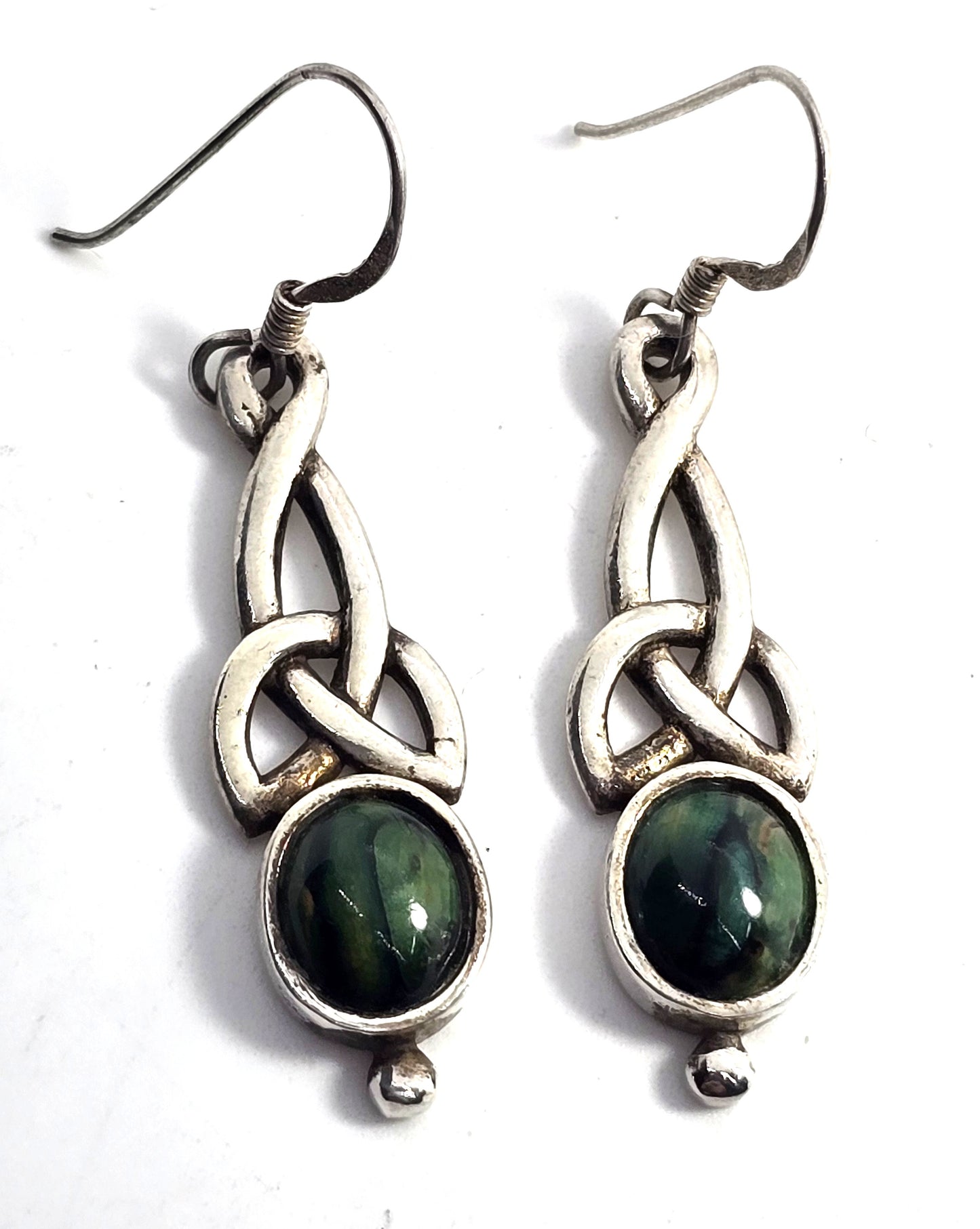 Celtic knot long drop green gemstone sterling silver vintage earrings