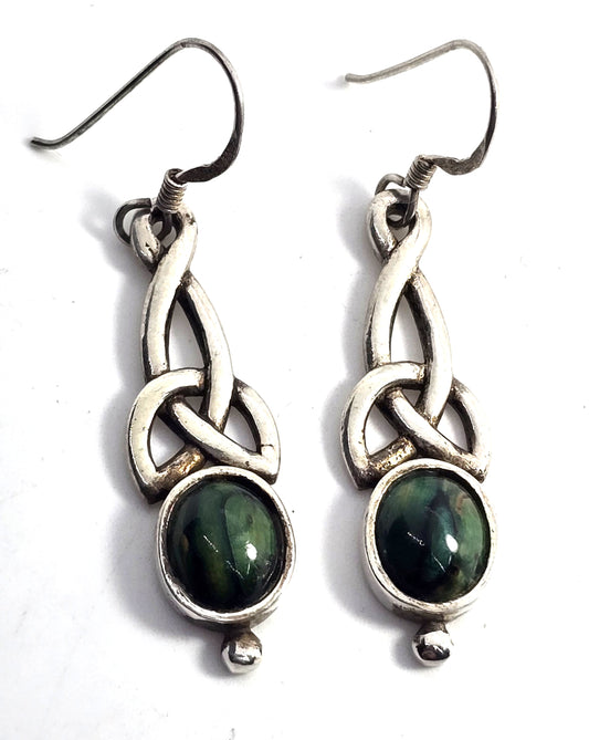 Celtic knot long drop green gemstone sterling silver vintage earrings