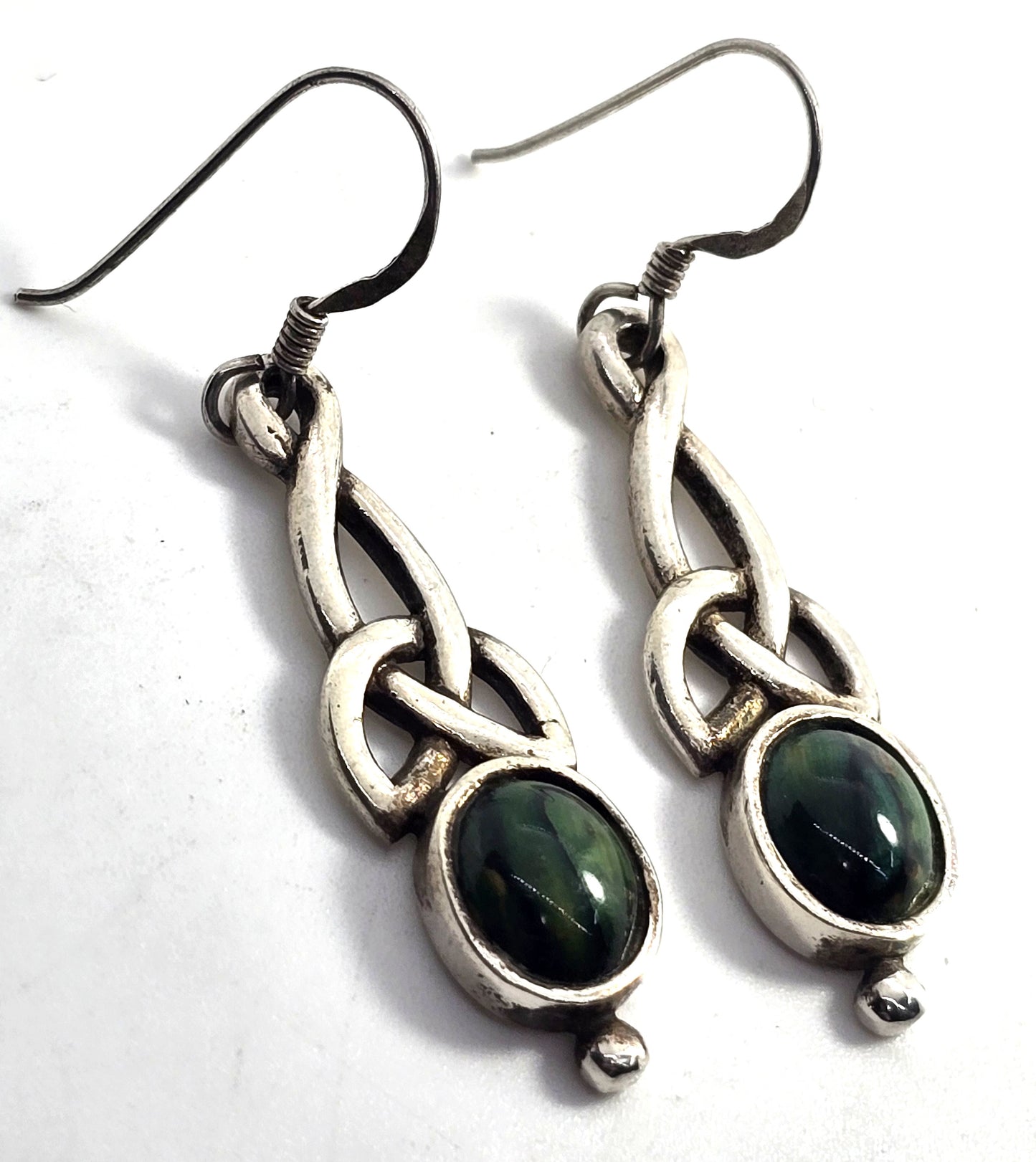 Celtic knot long drop green gemstone sterling silver vintage earrings