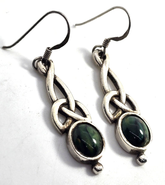 Celtic knot long drop green gemstone sterling silver vintage earrings
