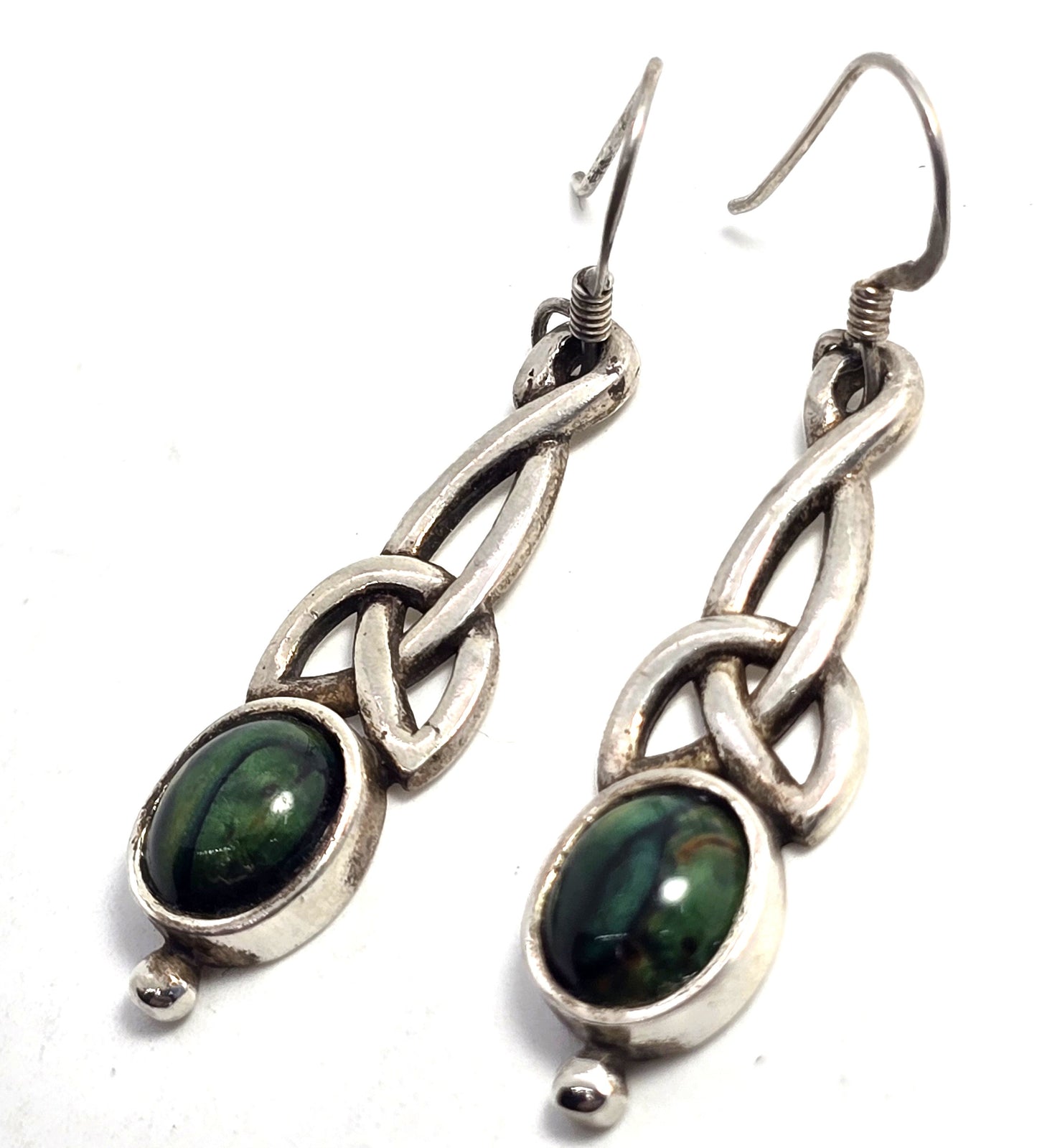 Celtic knot long drop green gemstone sterling silver vintage earrings