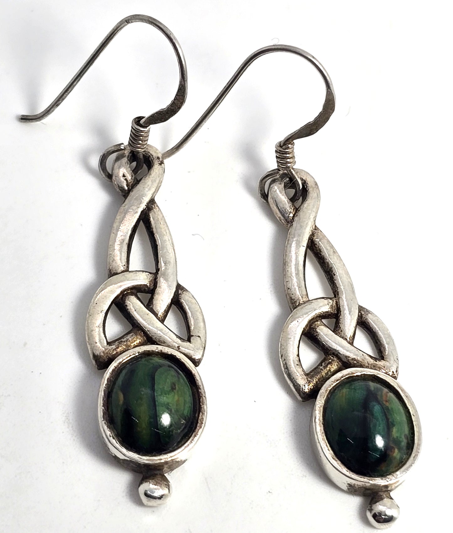 Celtic knot long drop green gemstone sterling silver vintage earrings