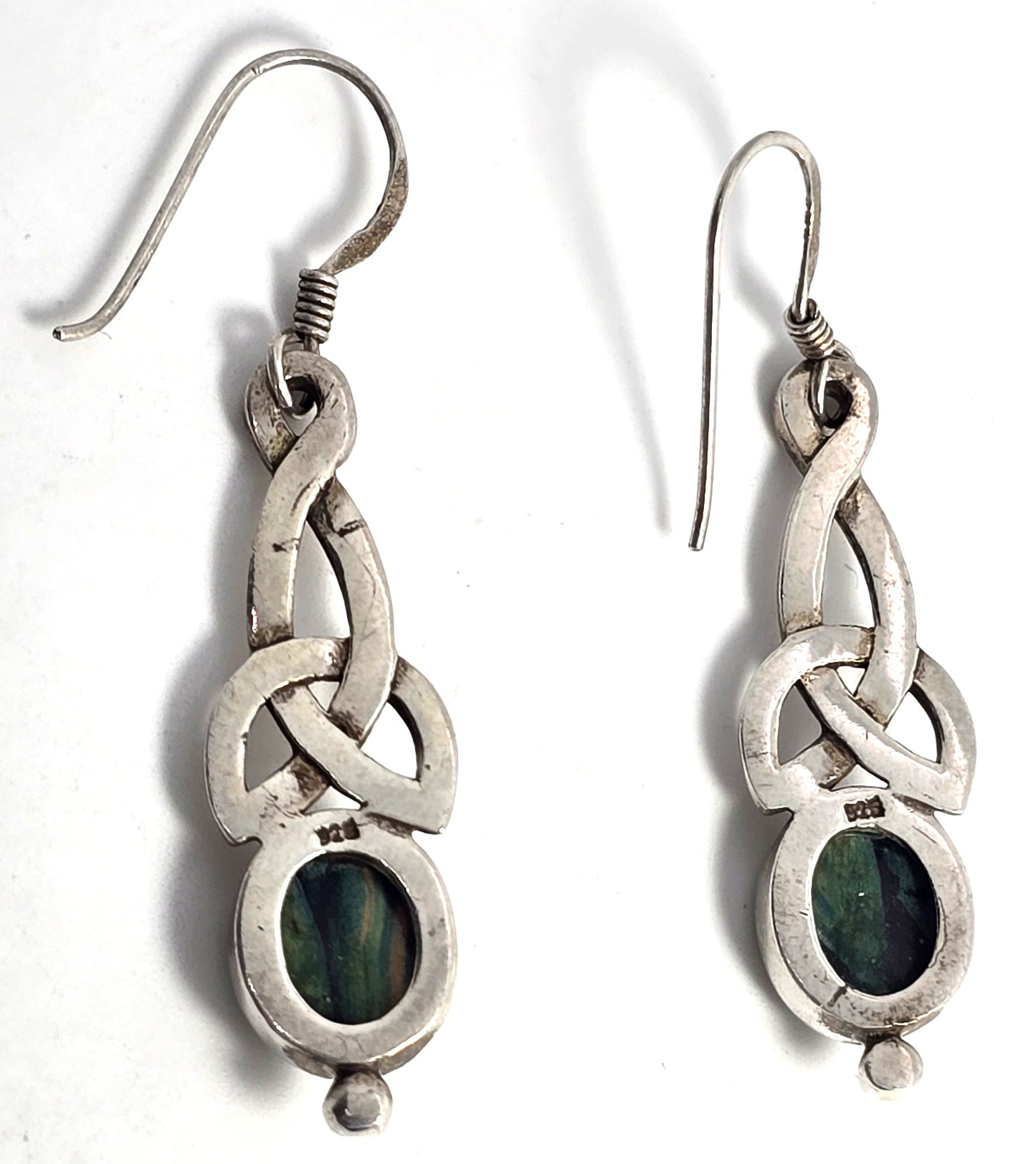 Celtic knot long drop green gemstone sterling silver vintage earrings