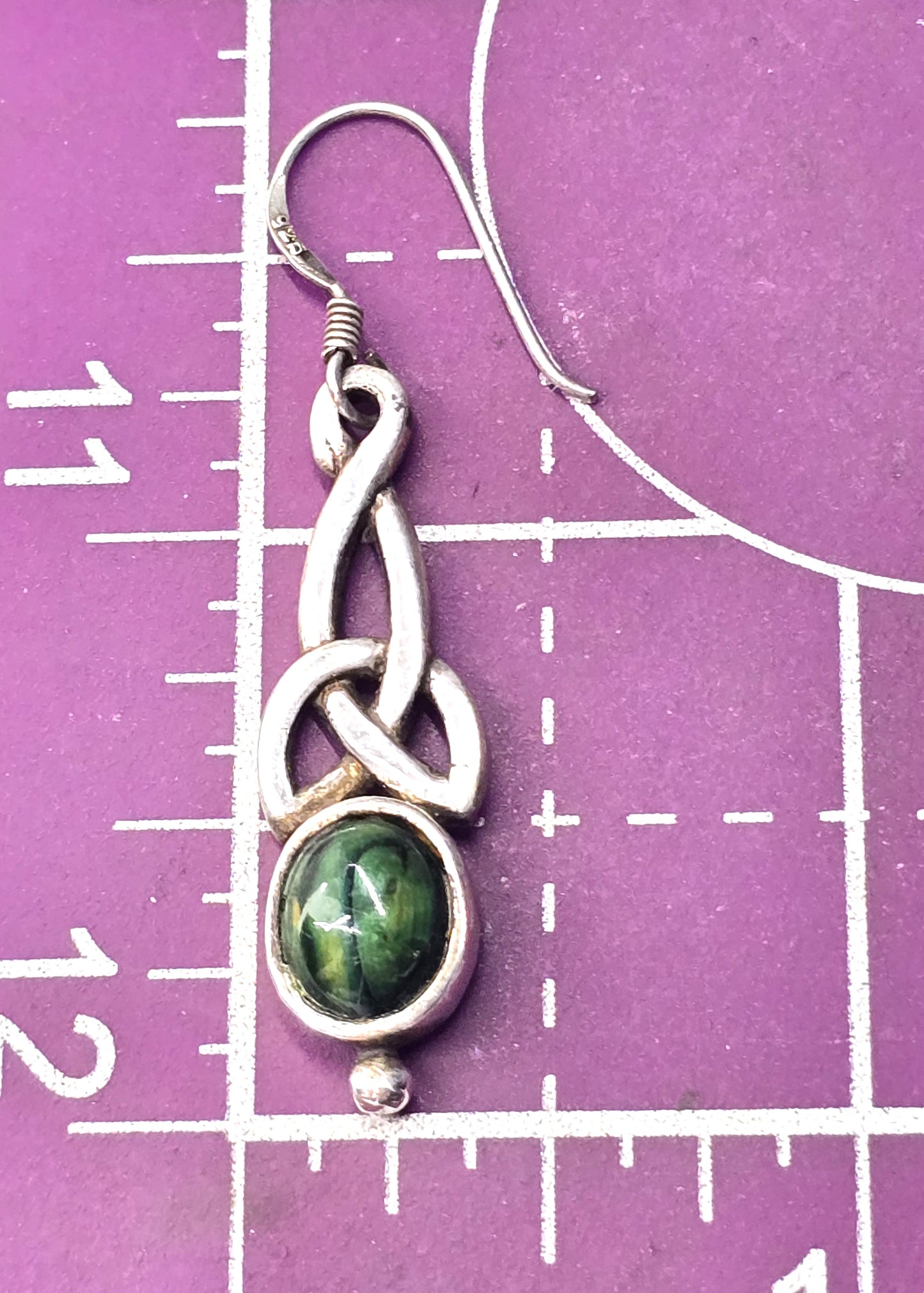Celtic knot long drop green gemstone sterling silver vintage earrings