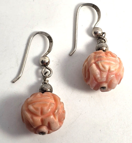 Angel skin Coral carved beaded double Asian vintage drop sterling silver earrings