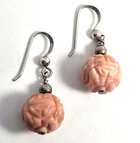 Angel skin Coral carved beaded double Asian vintage drop sterling silver earrings