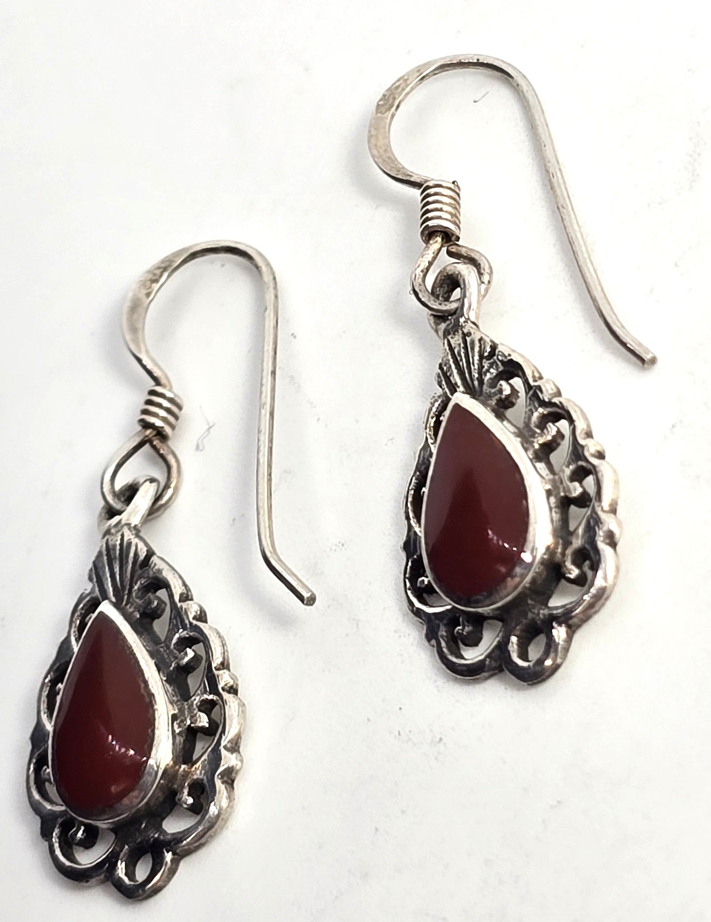 Red Jasper sterling silver tribal filigree vintage drop earrings