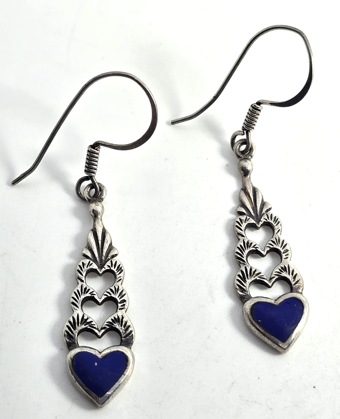 Lapis Lazuli blue heart drop gemstone sterling silver vintage retro earrings