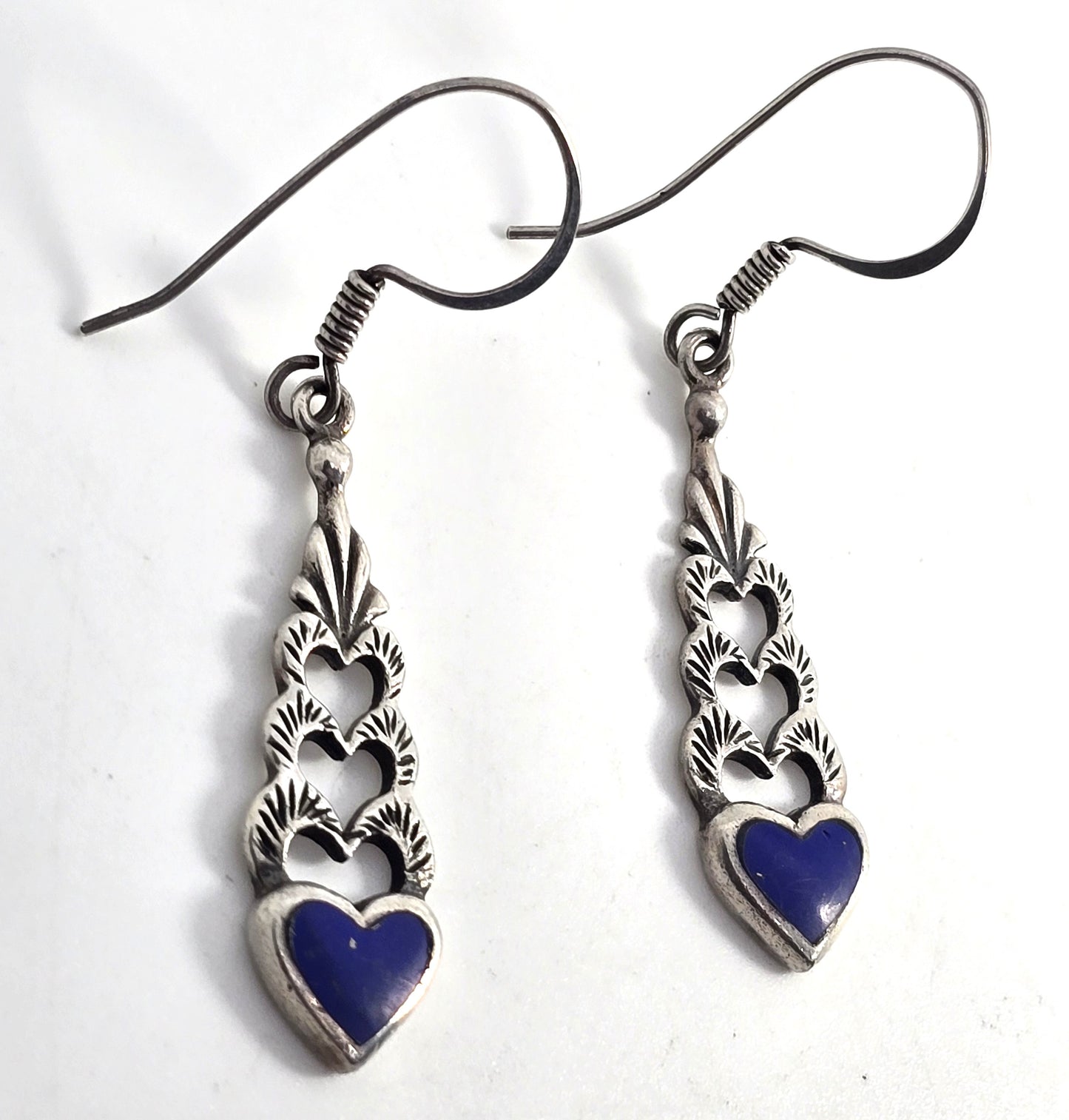 Lapis Lazuli blue heart drop gemstone sterling silver vintage retro earrings