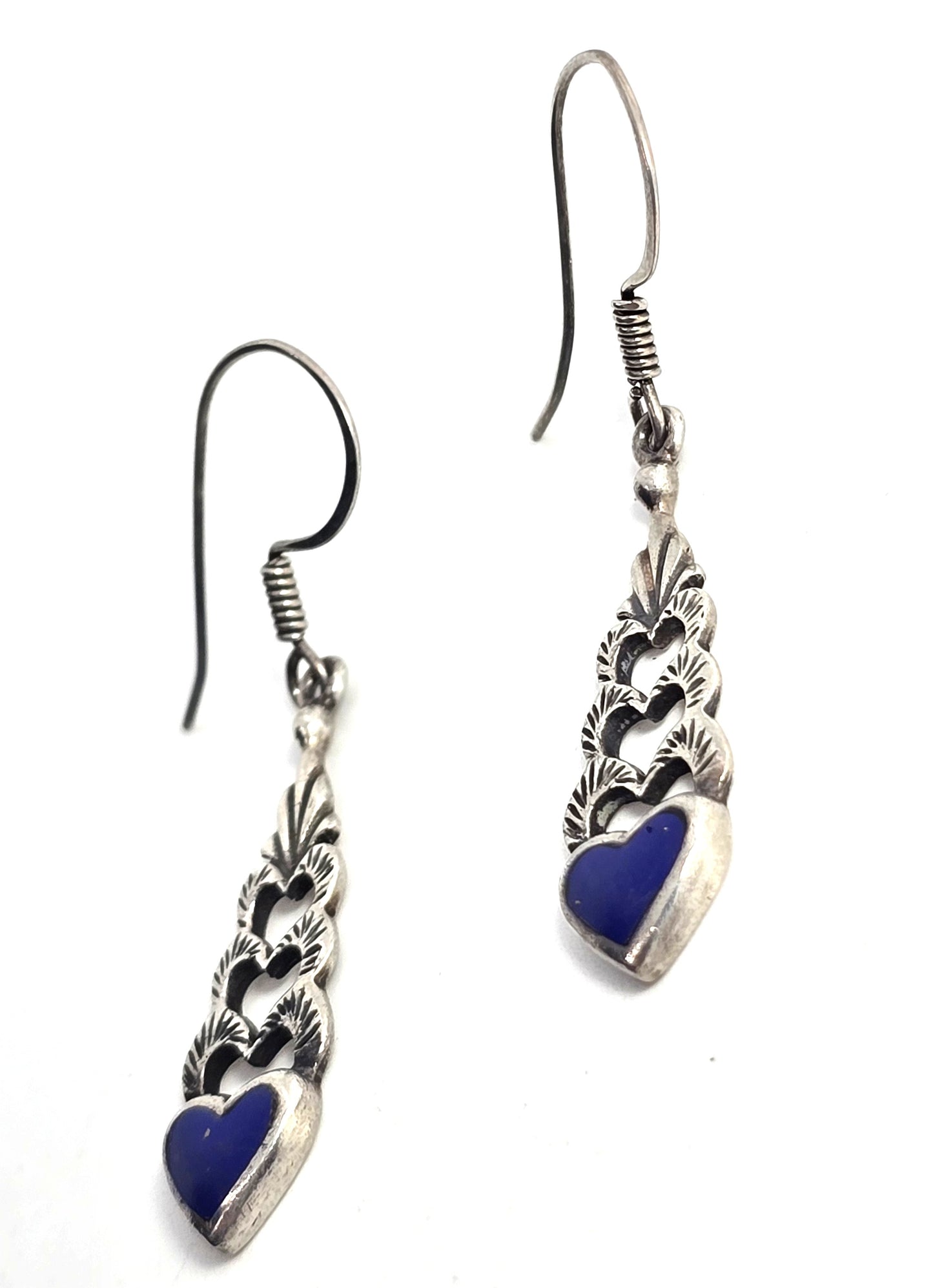 Lapis Lazuli blue heart drop gemstone sterling silver vintage retro earrings