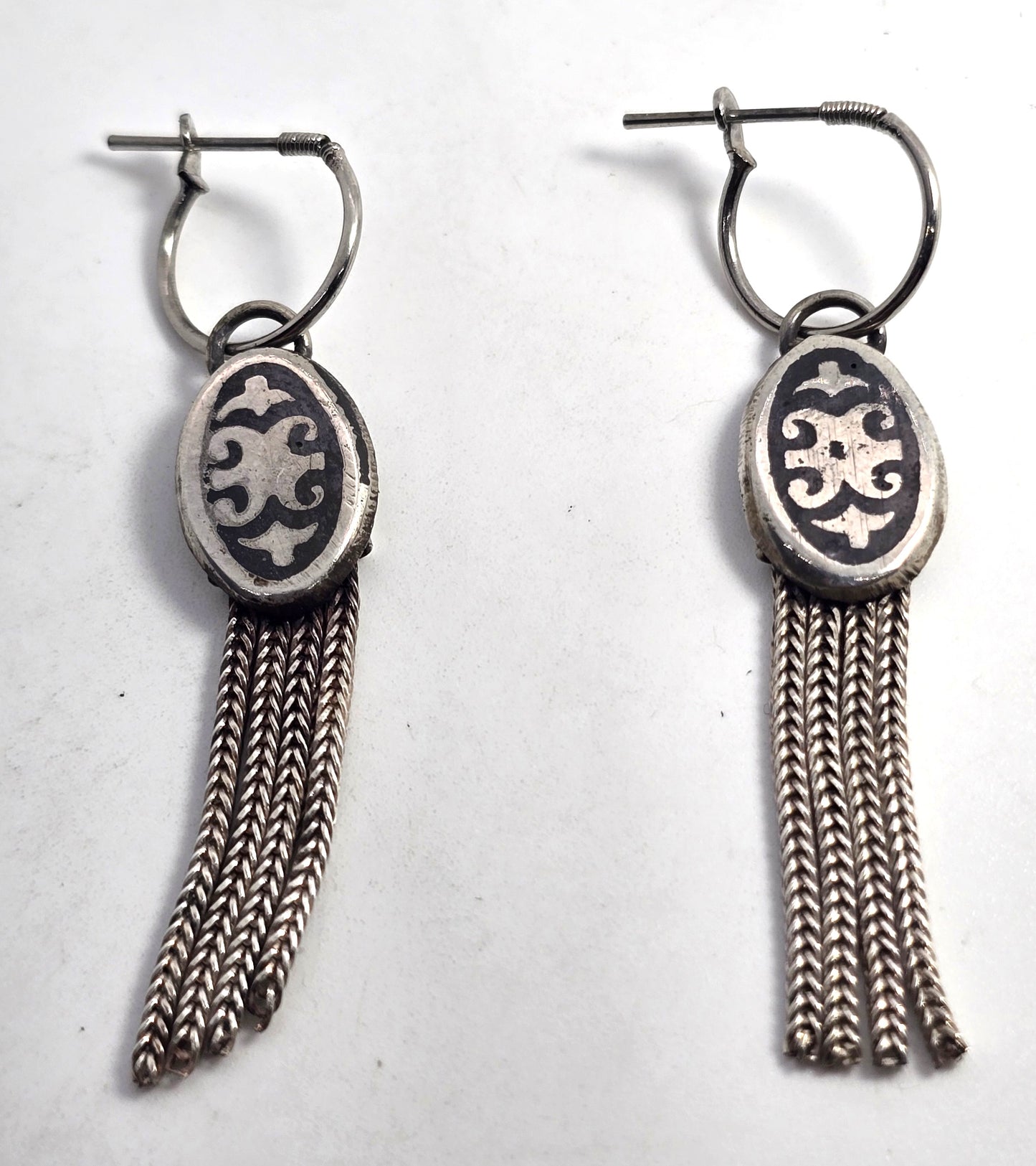 Turkish Ottoman Carnelian foxtail 4 chain 900 sterling silver hoop vintage earrings