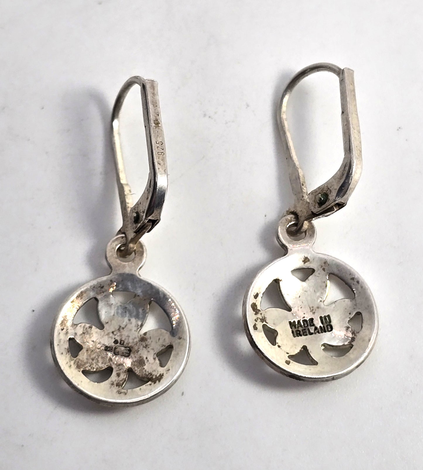 Irish lucky clover vintage sterling silver drop earrings made in Ireland