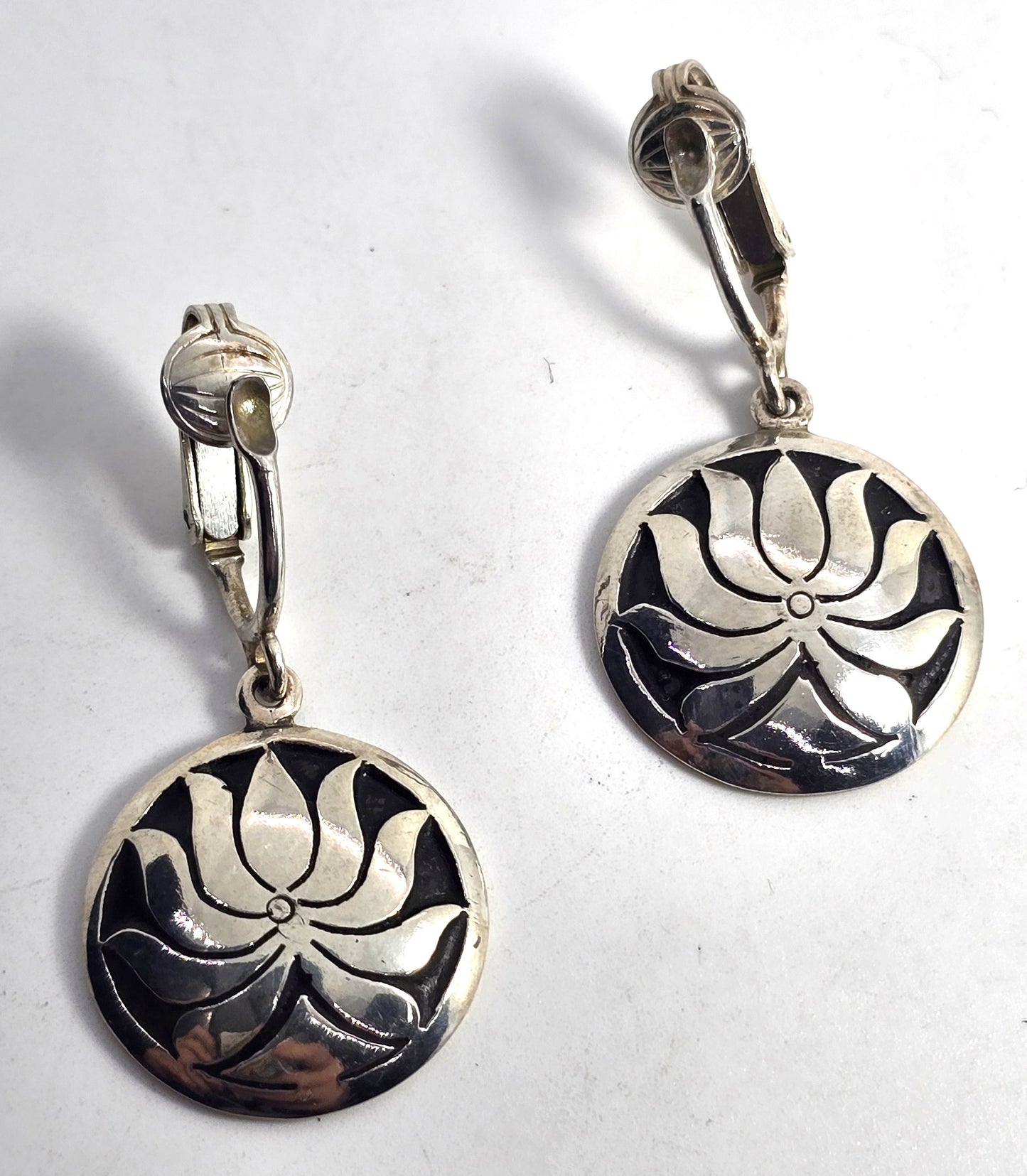 Lotus flower medallions large vintage sterling silver clip on earrings