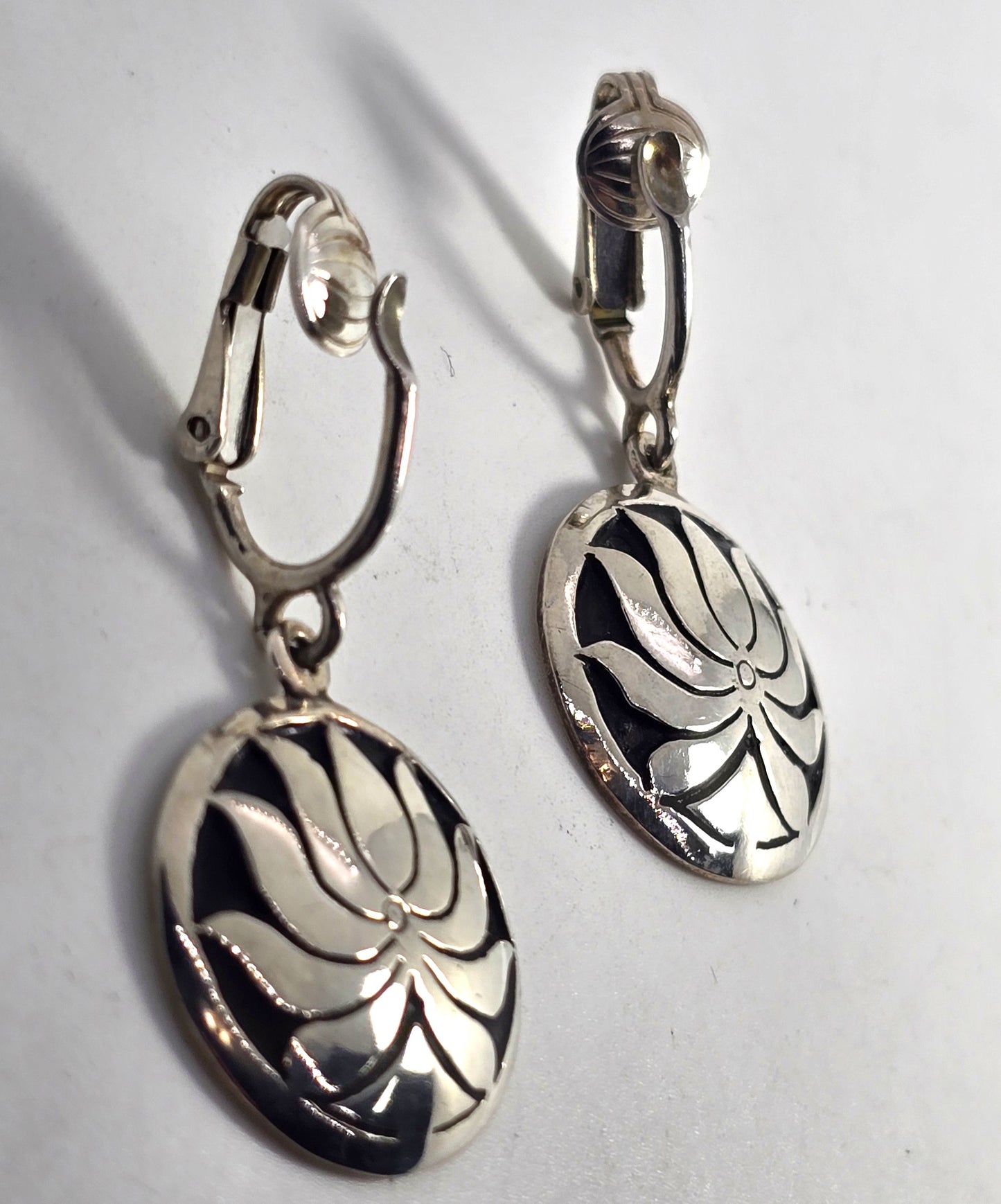 Lotus flower medallions large vintage sterling silver clip on earrings