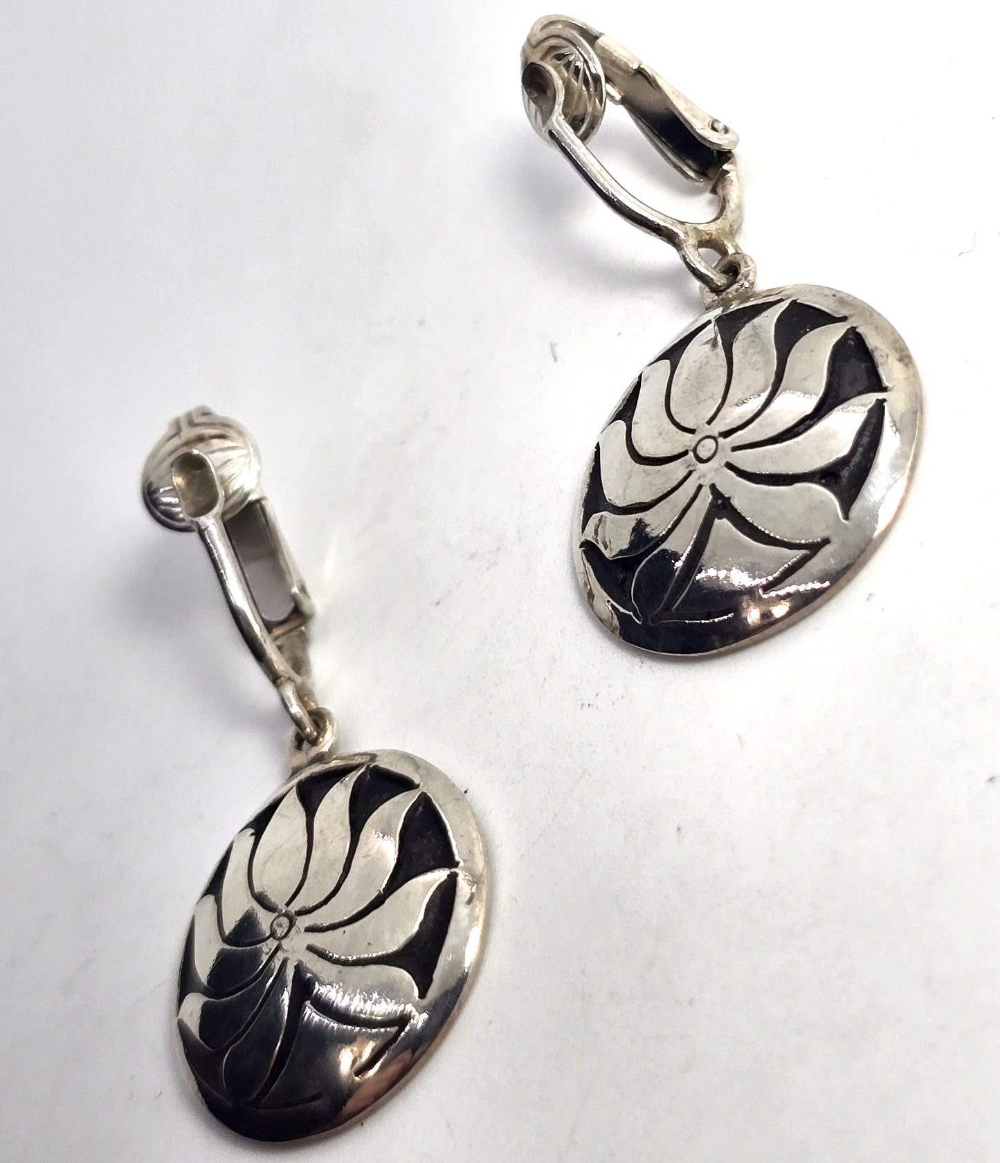 Lotus flower medallions large vintage sterling silver clip on earrings