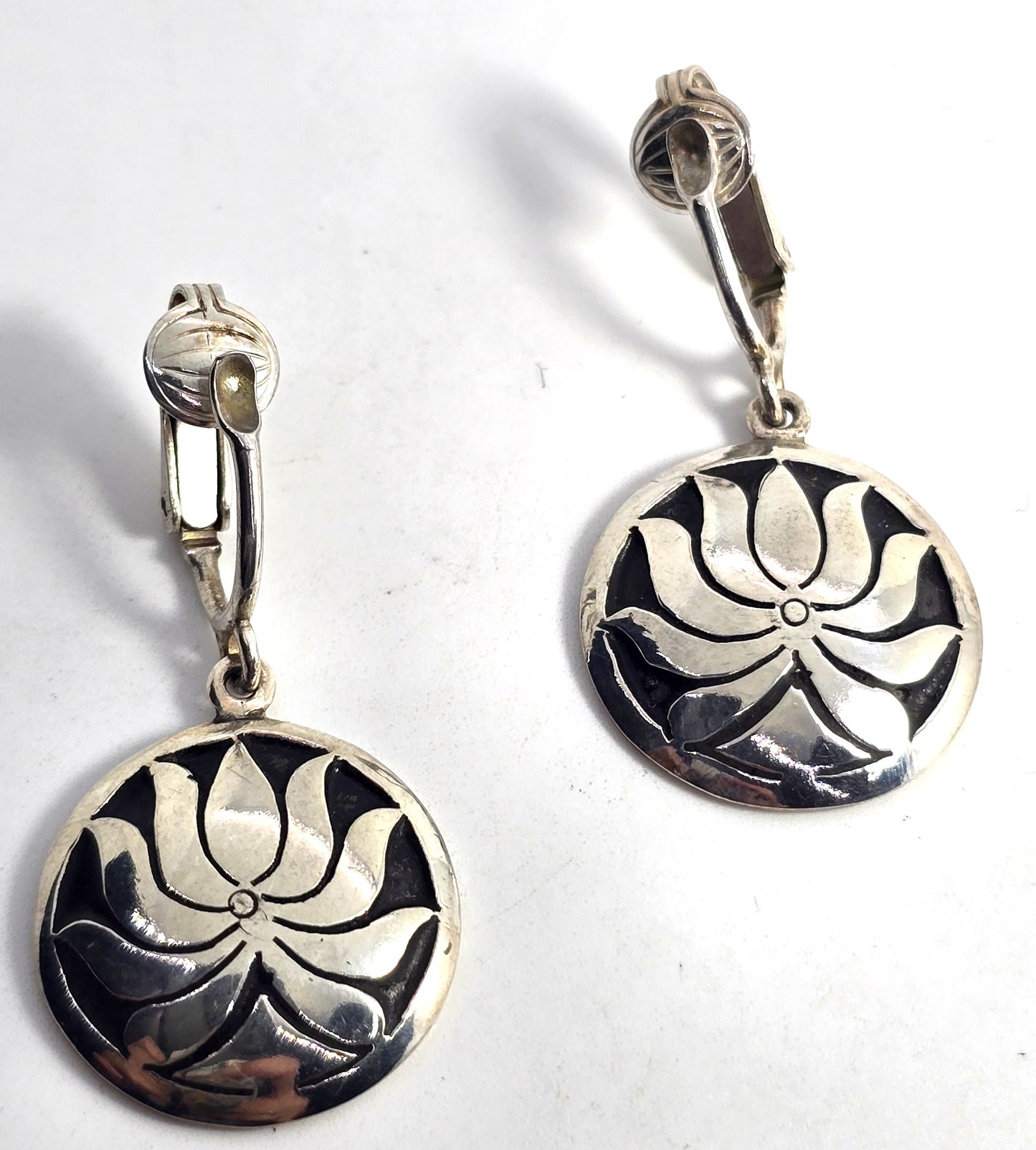 Lotus flower medallions large vintage sterling silver clip on earrings
