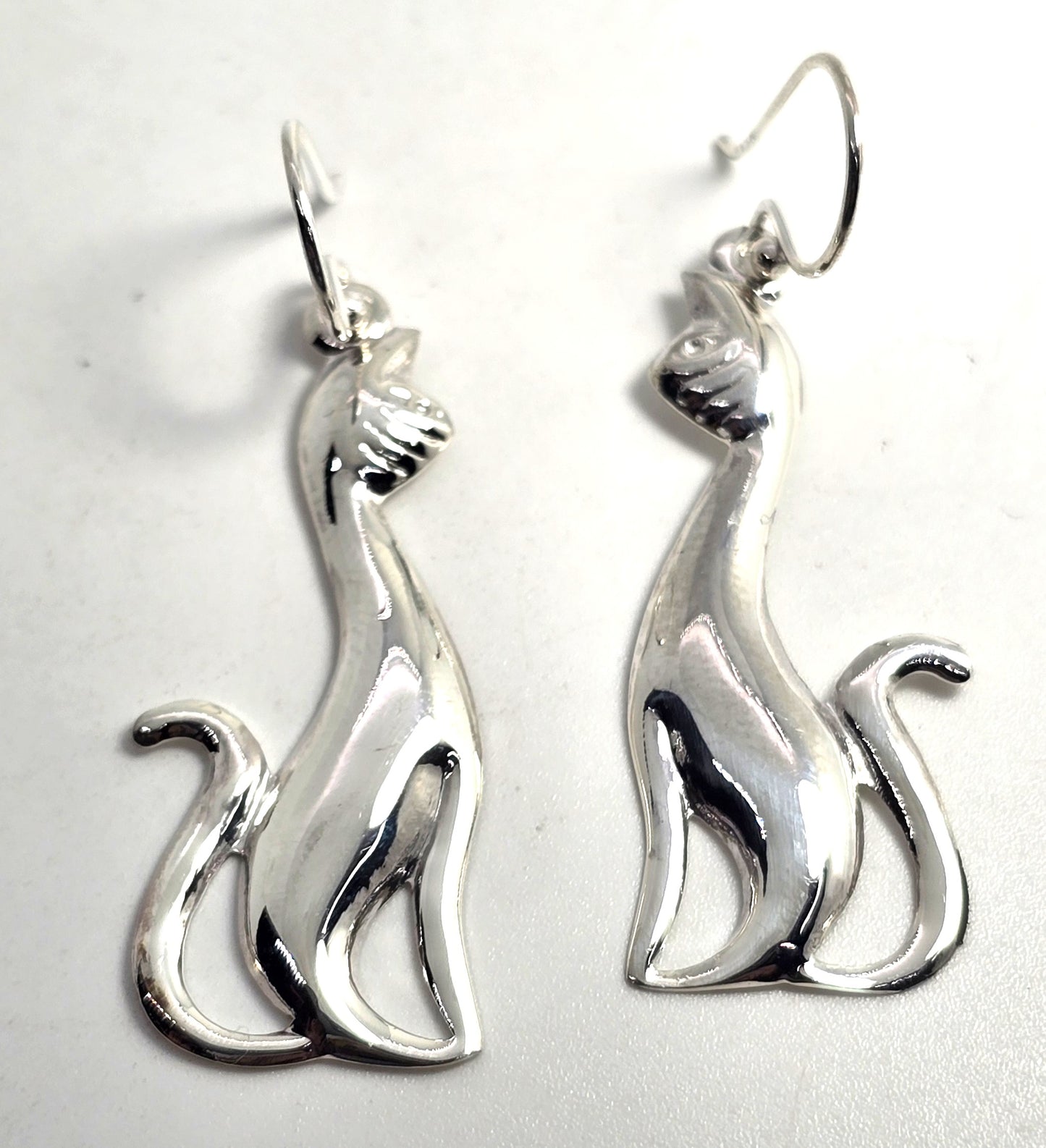 Sitting tall Kitty cat silver plated long drop earrings