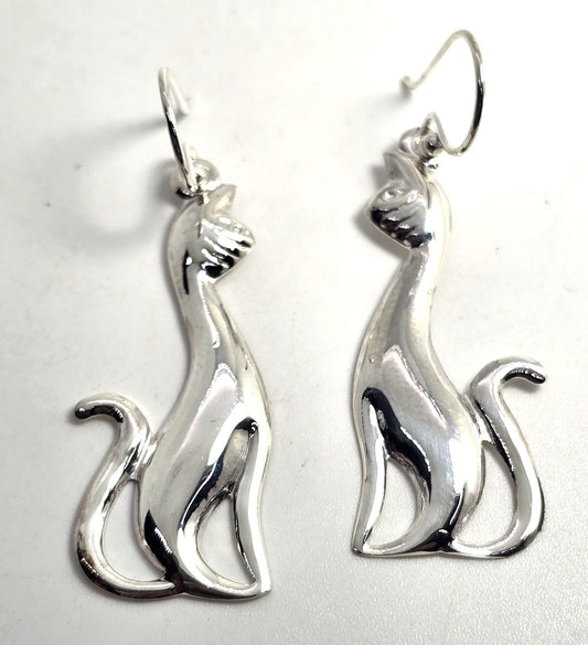 Sitting tall Kitty cat silver plated long drop earrings