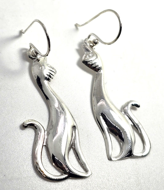 Sitting tall Kitty cat silver plated long drop earrings