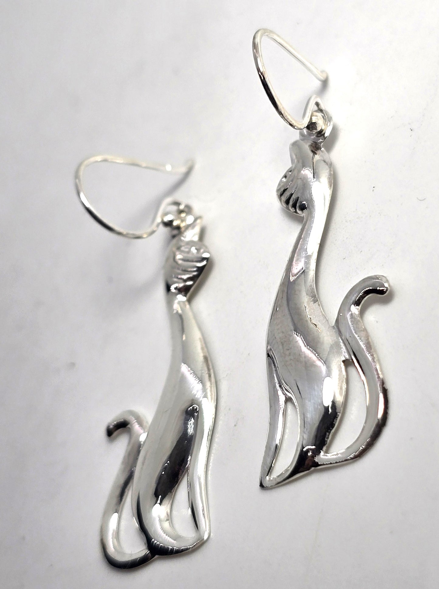 Sitting tall Kitty cat silver plated long drop earrings