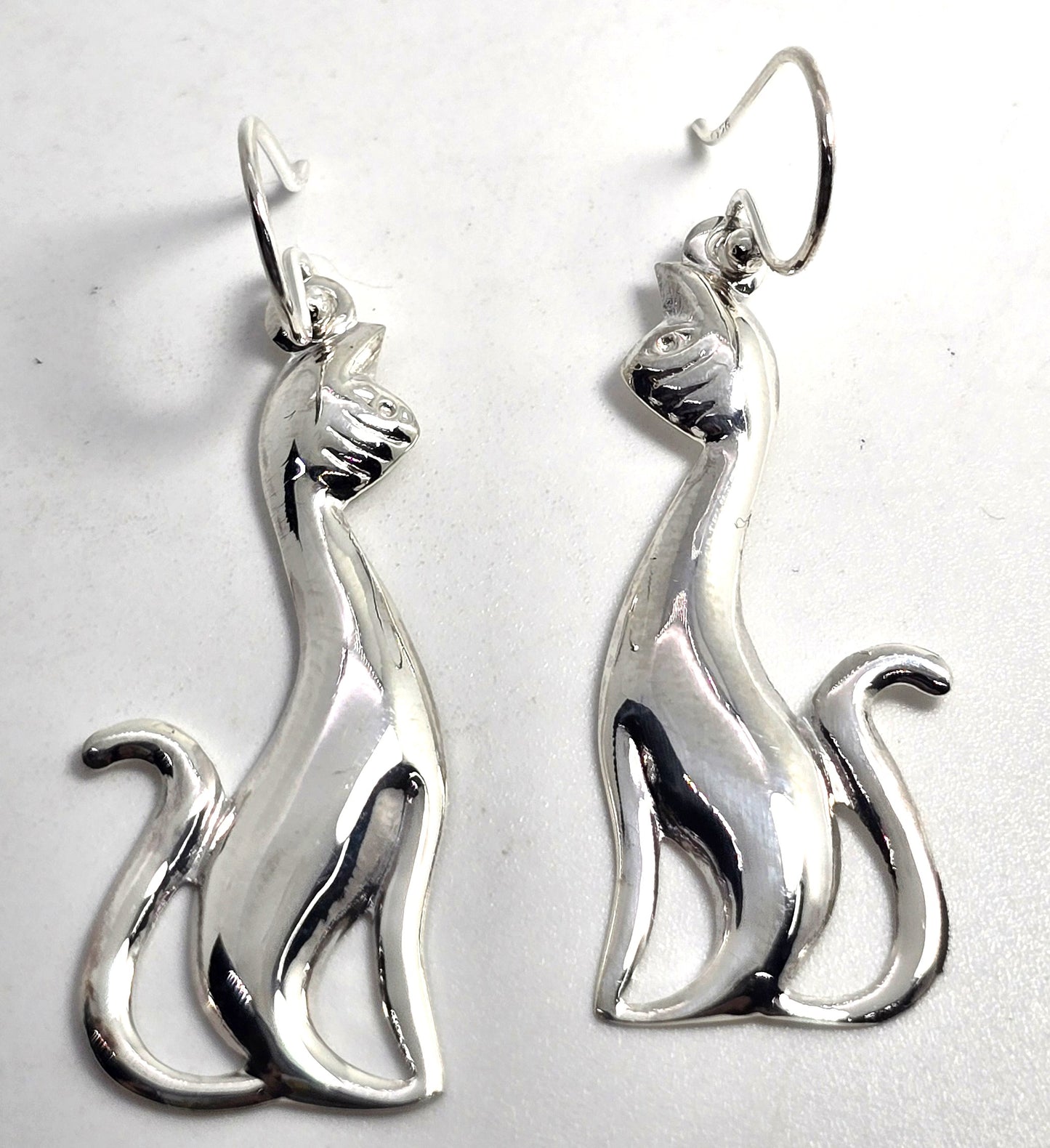 Sitting tall Kitty cat silver plated long drop earrings