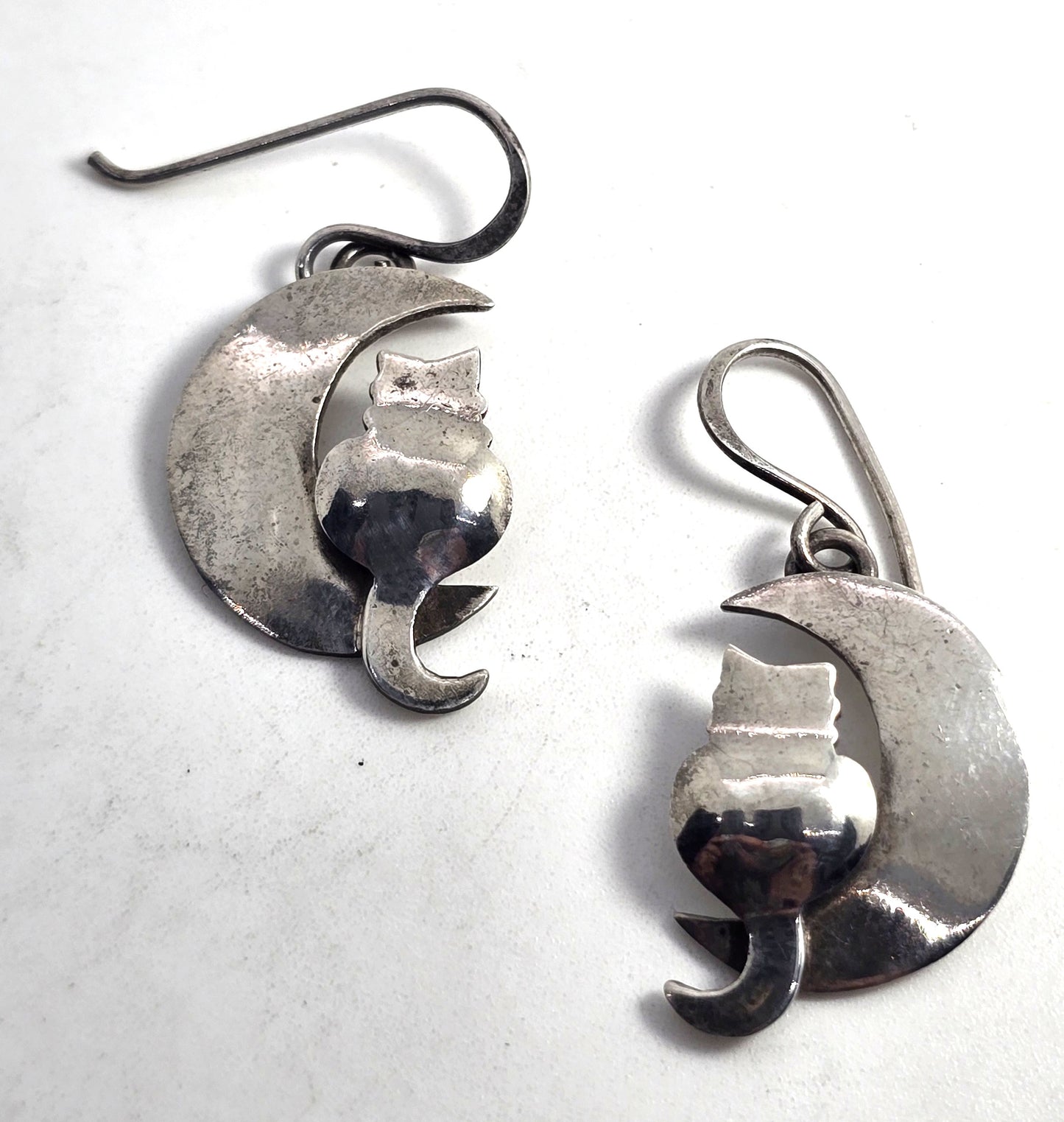 Far Fetched Cat in Crescent moon celestial kitty sterling silver earrings