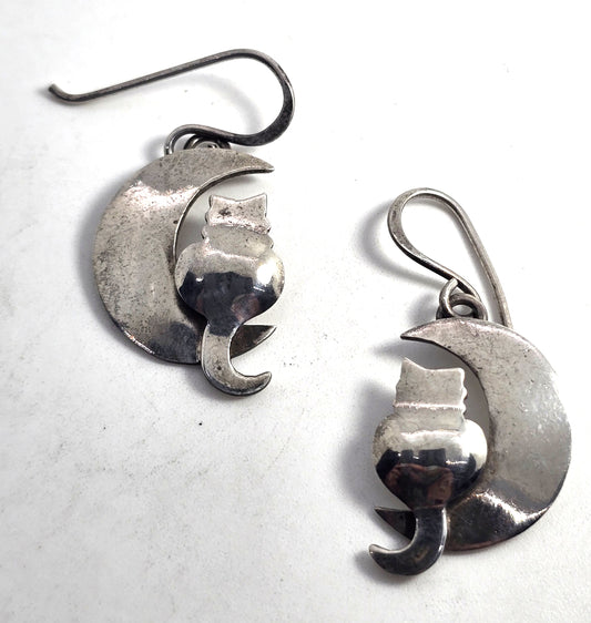 Far Fetched Cat in Crescent moon celestial kitty sterling silver earrings