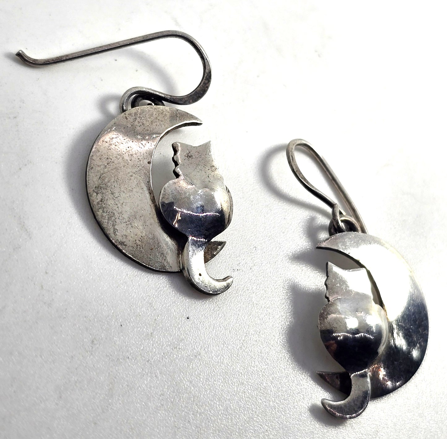 Far Fetched Cat in Crescent moon celestial kitty sterling silver earrings