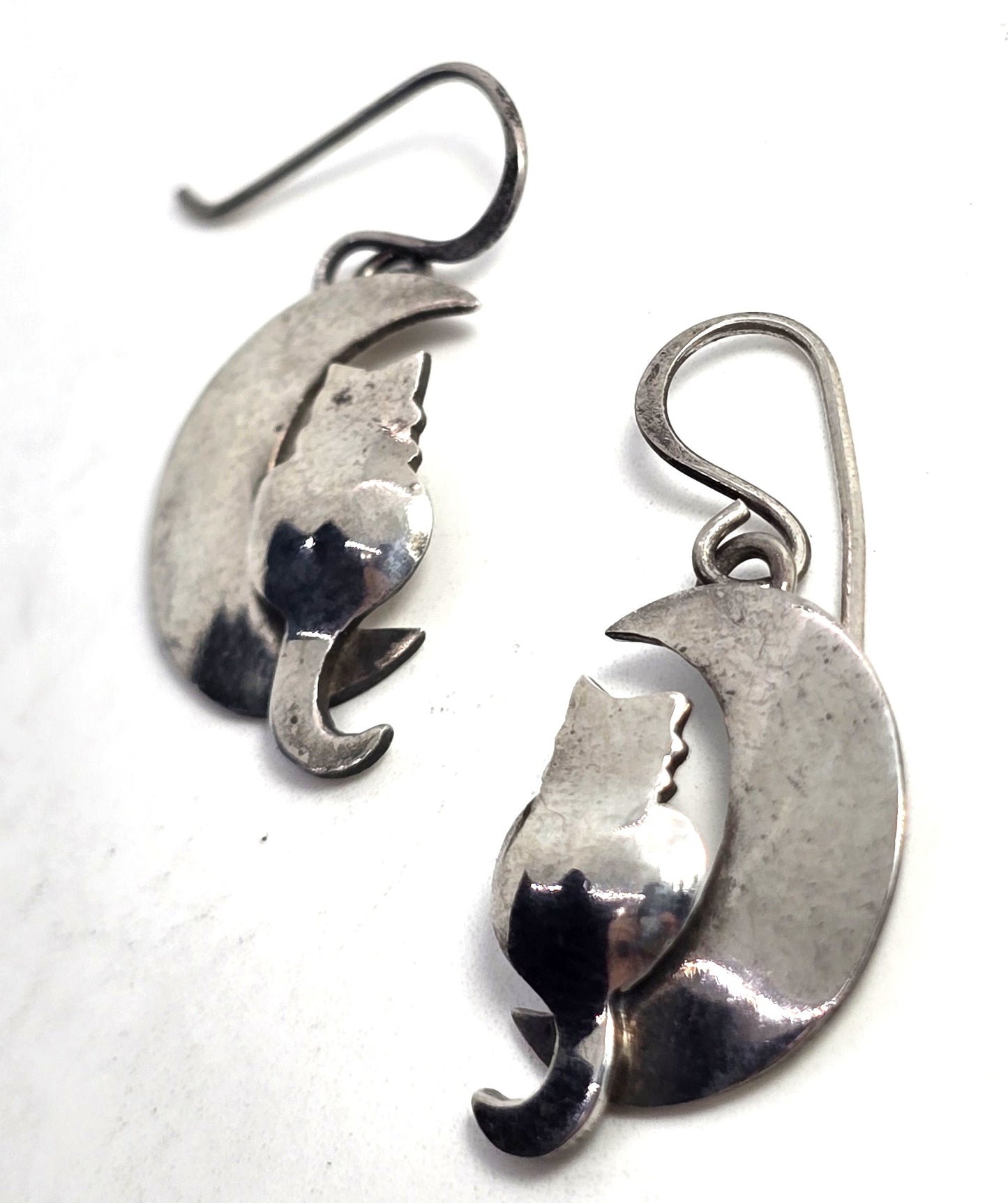 Far Fetched Cat in Crescent moon celestial kitty sterling silver earrings