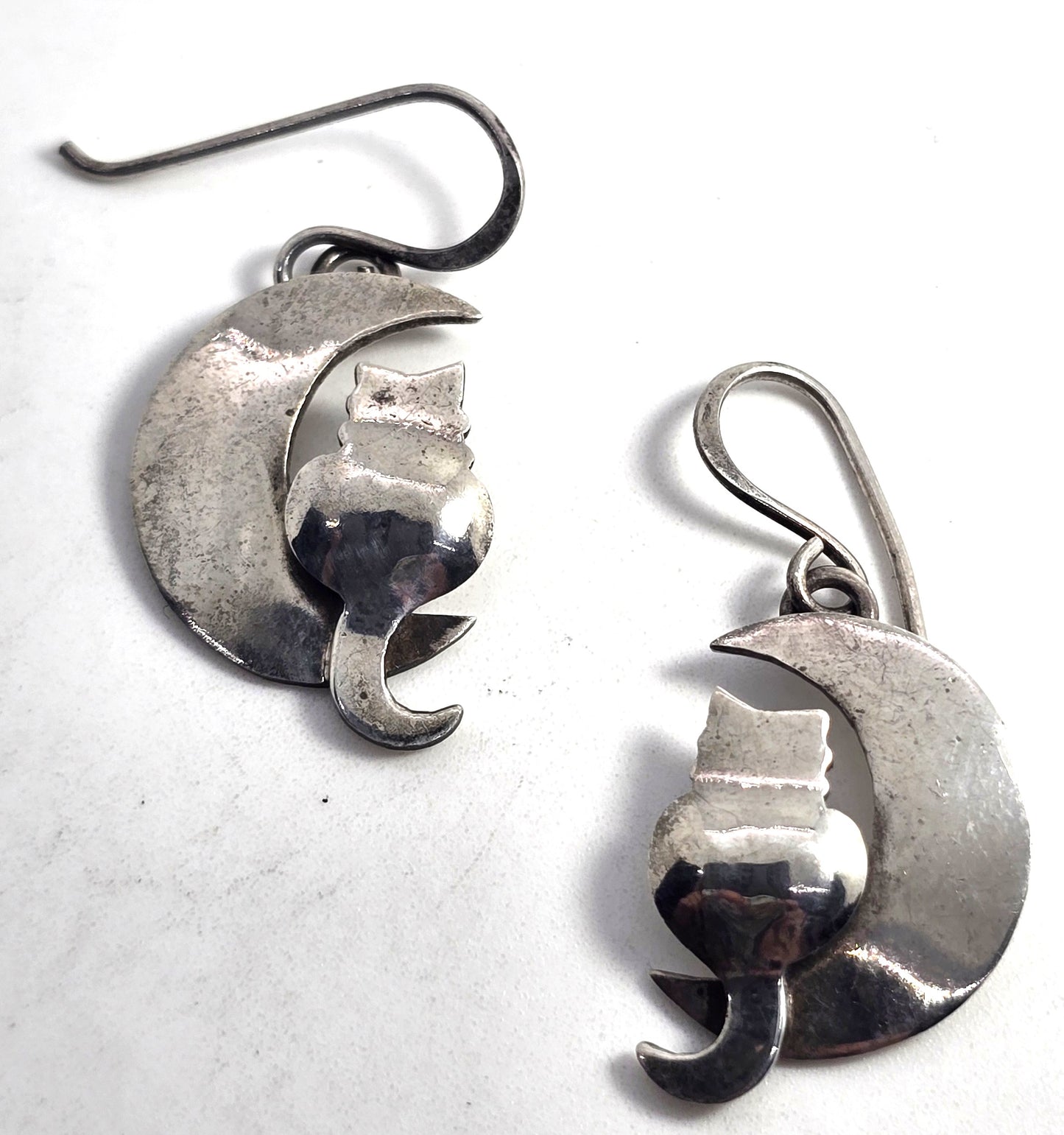 Far Fetched Cat in Crescent moon celestial kitty sterling silver earrings