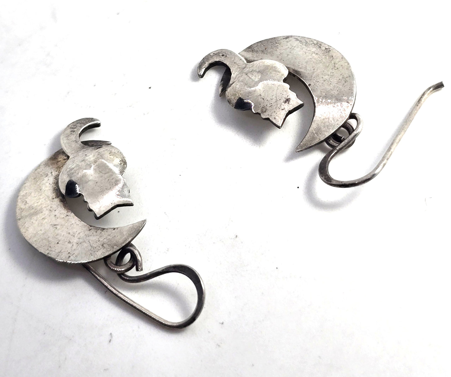 Far Fetched Cat in Crescent moon celestial kitty sterling silver earrings