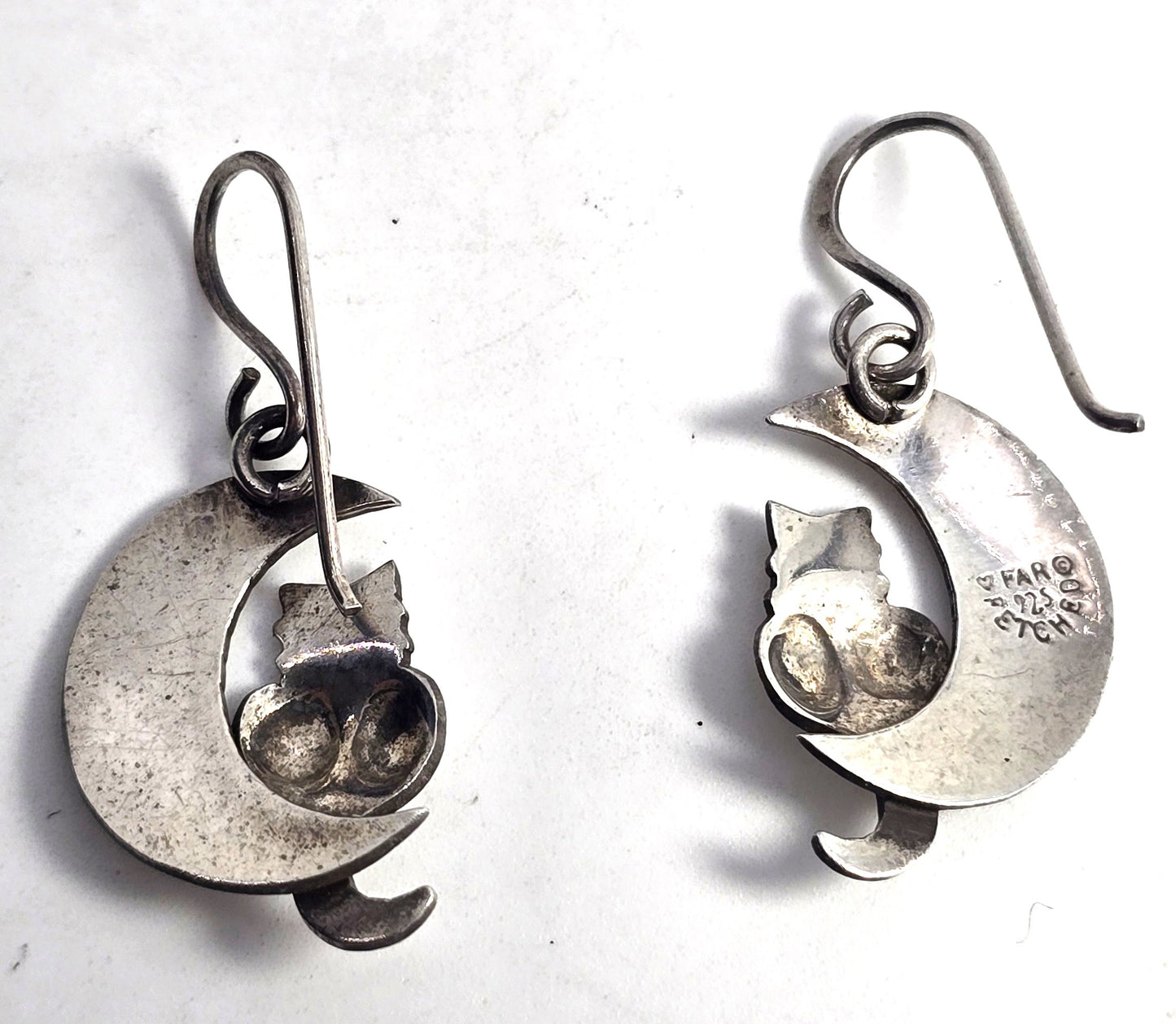Far Fetched Cat in Crescent moon celestial kitty sterling silver earrings
