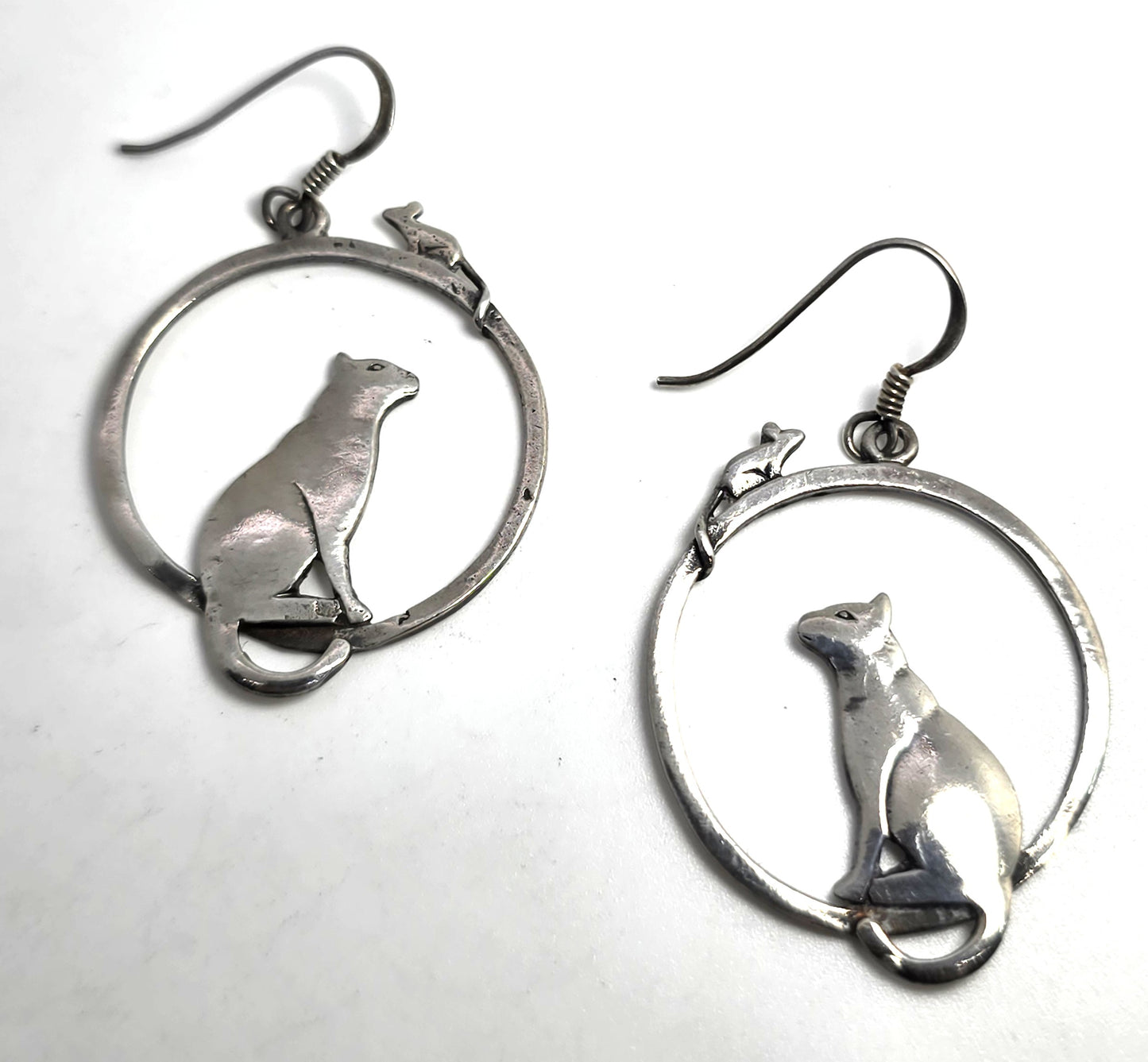 Cat and mouse playing sterling silver large thick hoop vintage Earrings