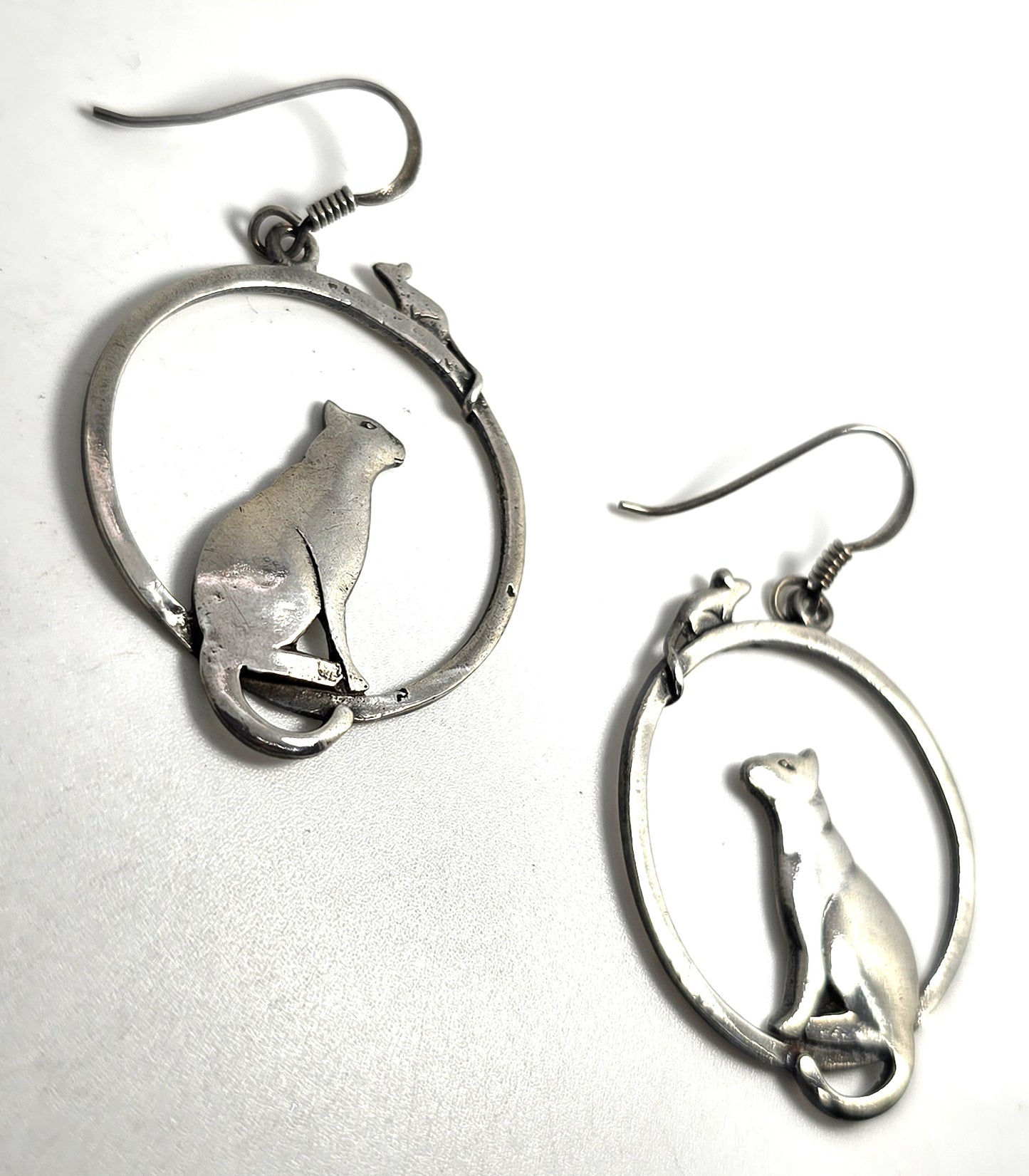 Cat and mouse playing sterling silver large thick hoop vintage Earrings