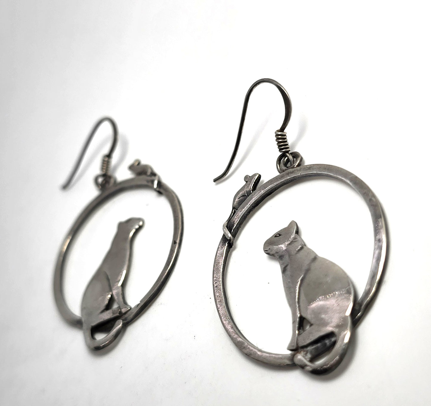 Cat and mouse playing sterling silver large thick hoop vintage Earrings