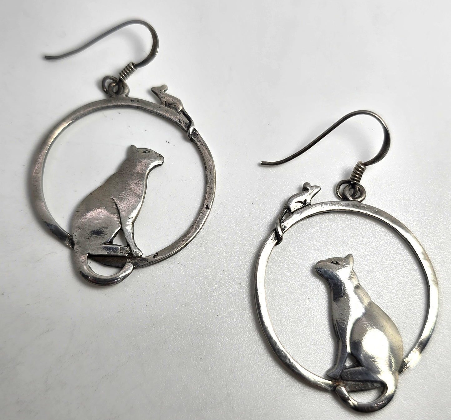 Cat and mouse playing sterling silver large thick hoop vintage Earrings