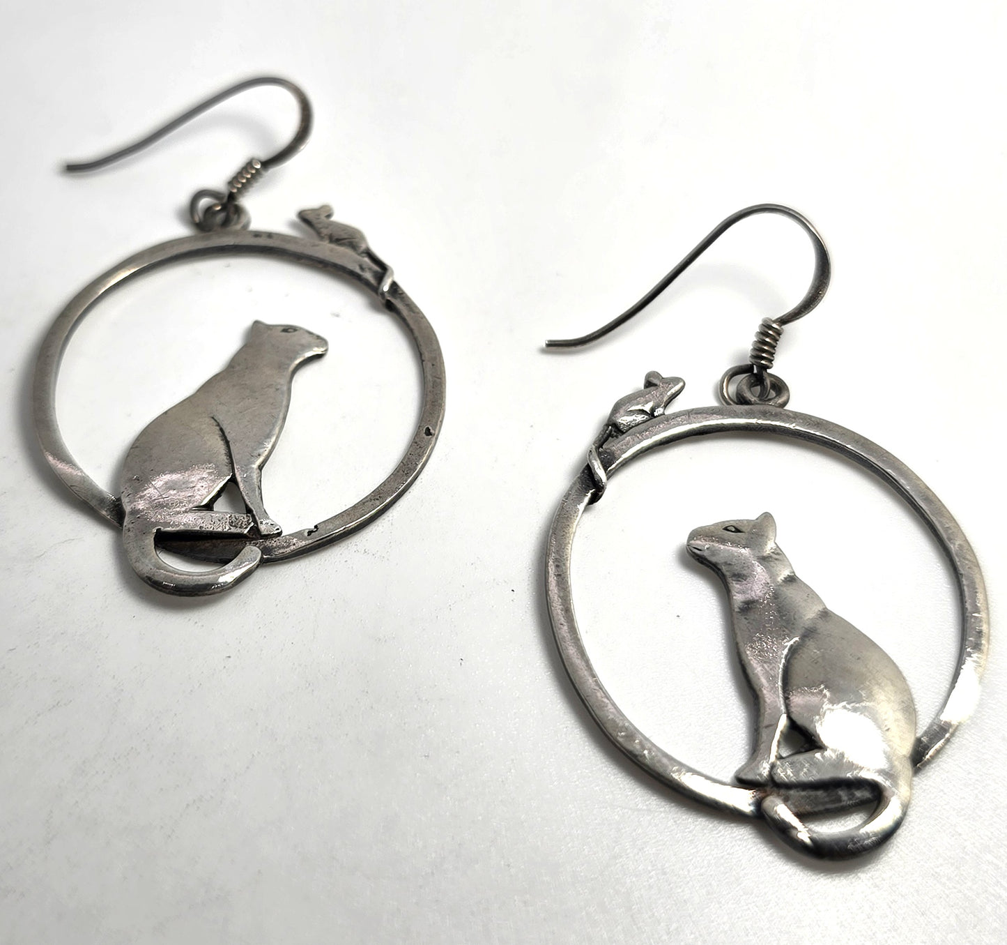 Cat and mouse playing sterling silver large thick hoop vintage Earrings