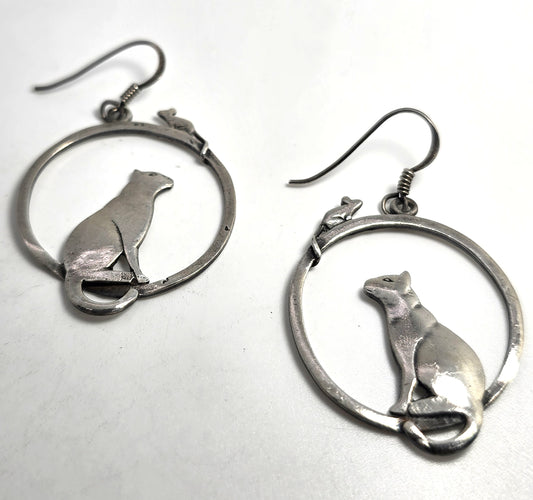 Cat and mouse playing sterling silver large thick hoop vintage Earrings