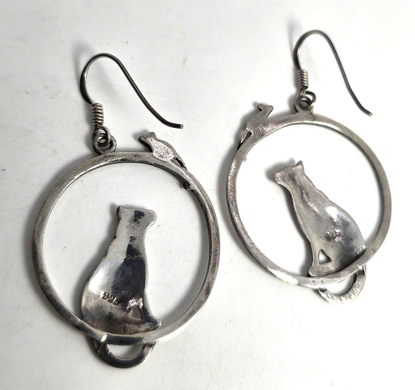 Cat and mouse playing sterling silver large thick hoop vintage Earrings