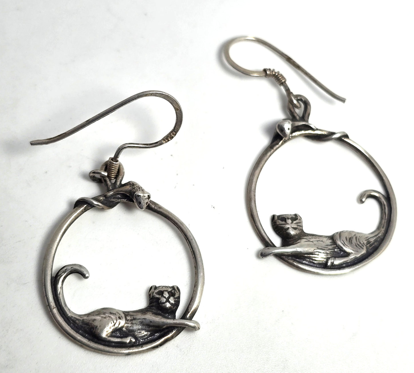 Cat and mouse playing sterling silver large hoop vintage Earrings