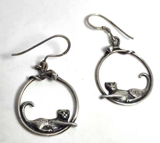 Cat and mouse playing sterling silver large hoop vintage Earrings