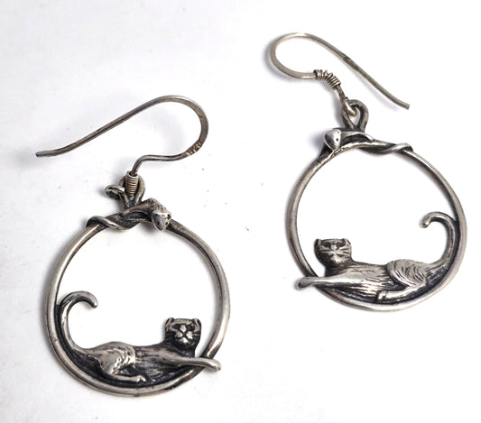 Cat and mouse playing sterling silver large hoop vintage Earrings