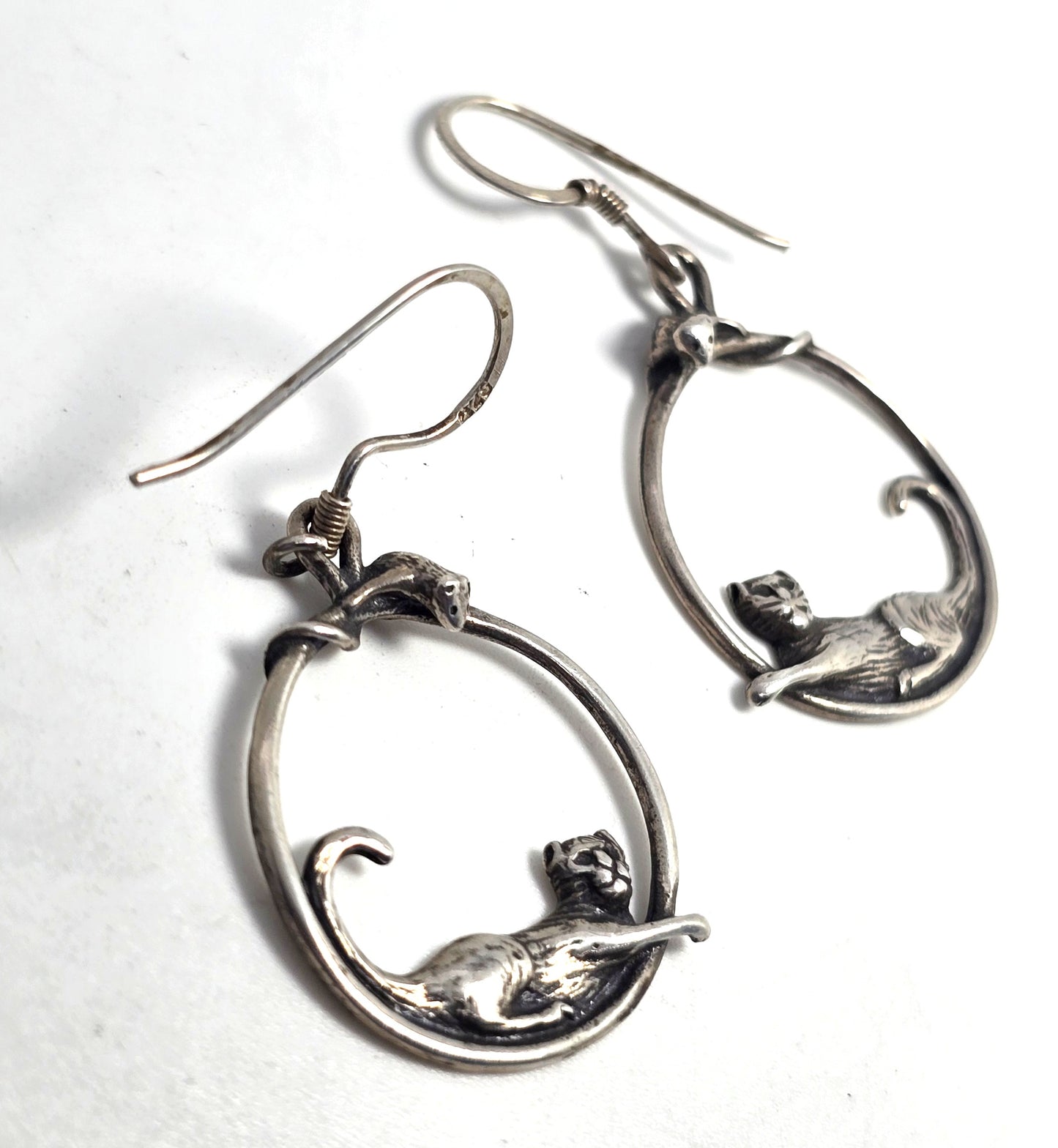 Cat and mouse playing sterling silver large hoop vintage Earrings