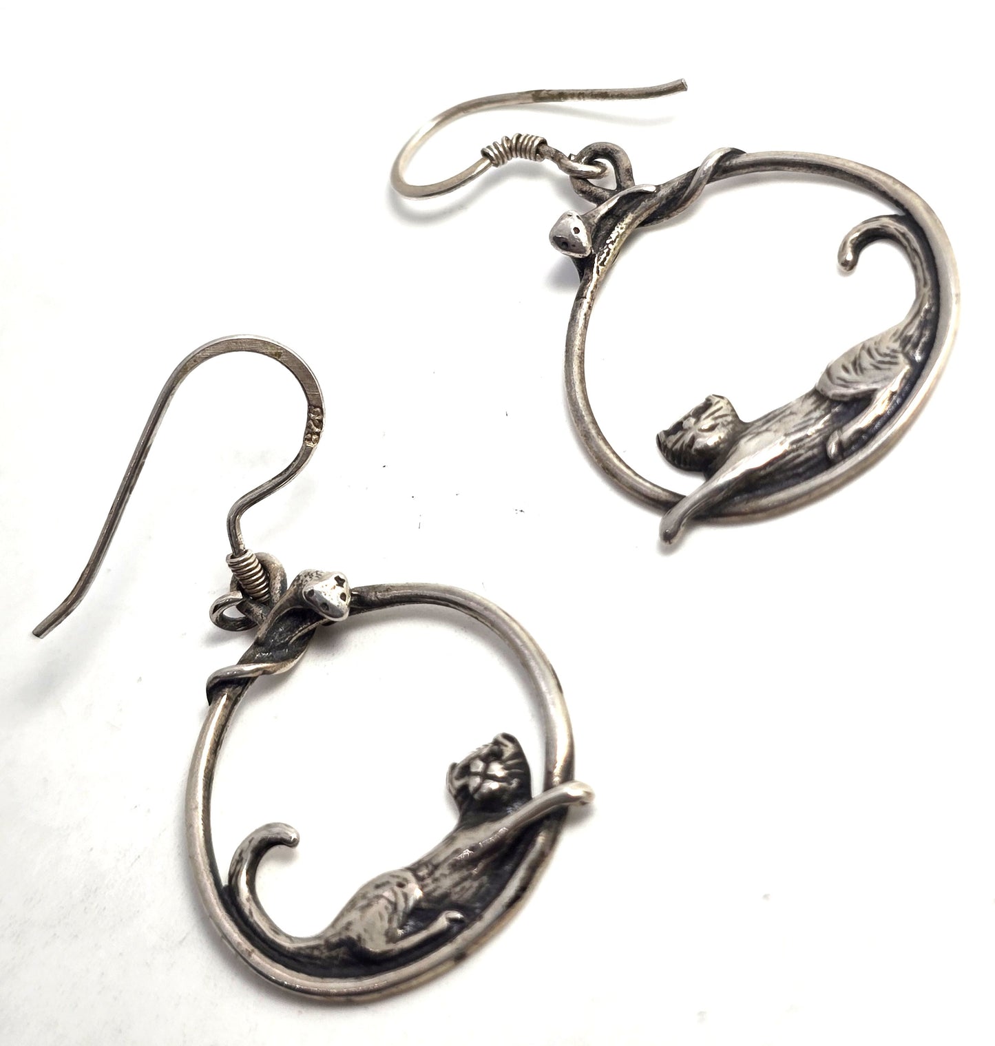 Cat and mouse playing sterling silver large hoop vintage Earrings