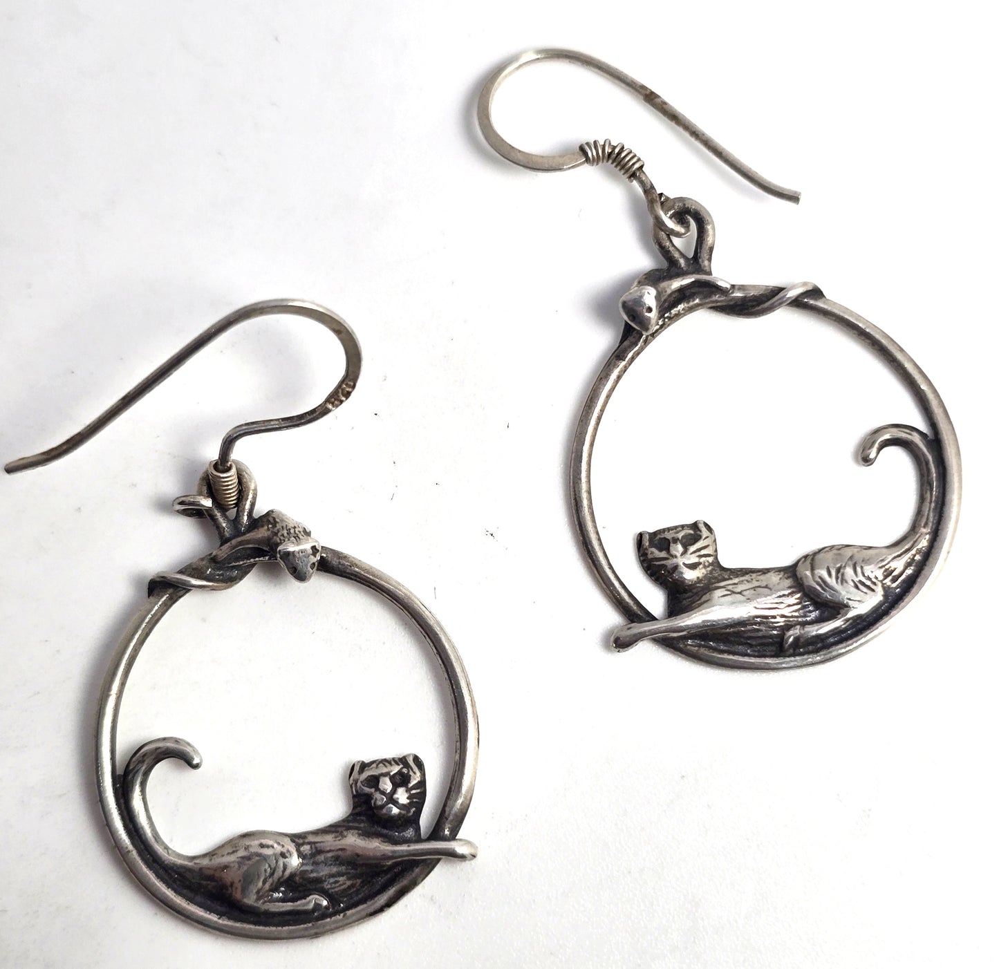 Cat and mouse playing sterling silver large hoop vintage Earrings